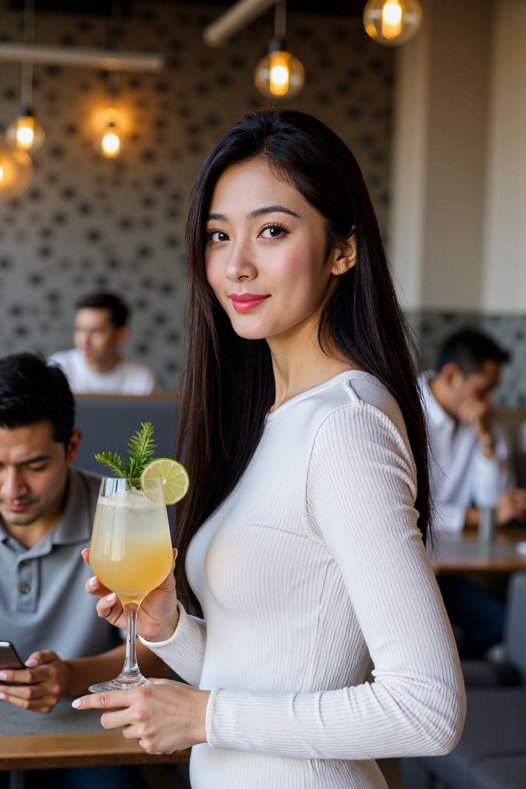 This photograph captures a vibrant, modern restaurant setting with a warm, inviting ambiance. In the foreground, a young woman with long, straight black hair and fair skin directly at the camera. She is wearing a form-fitting white long-sleeved top that accentuates her slender figure. In her right hand, she holds a tall, clear cocktail glass filled with a light-colored drink garnished with a lime wedge and a green herb sprig. The woman appears to be in her early twenties.In the background, there are several patrons engaged in various activities. A man in a gray polo shirt, likely in his thirties, is seated at a table, intently focused on his smartphone. Another man, also in his thirties, is wearing a white shirt and is engaged in conversation with a woman seated across from him. Both are sitting on padded, gray benches with light wood tables.The restaurant's interior is stylish, with a mix of modern and rustic elements. The walls are adorned with a mosaic pattern of gray and white tiles, and there are pendant lights with warm, yellowish light fixtures hanging from the ceiling. The overall atmosphere is cozy and sophisticated, with a focus on comfort and good food.