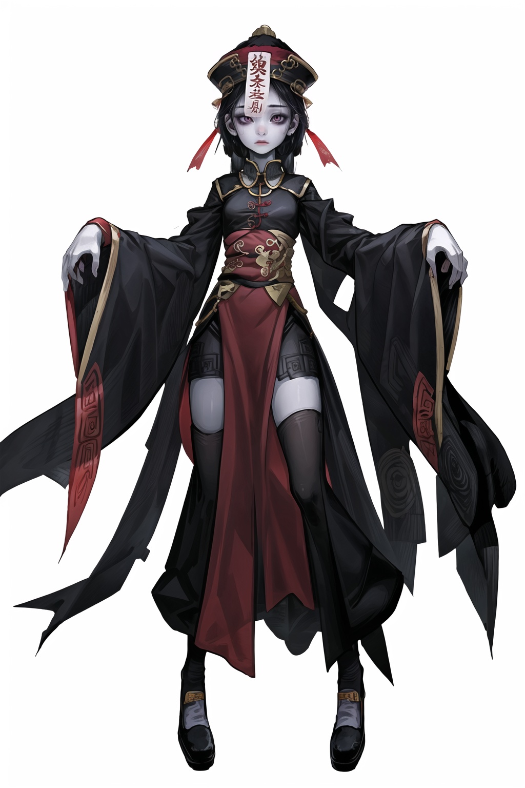 1girl,wsjs,jiangshi,chinese zombie,jiangshi costume,empty eyes,look at different places with both eyes,spell,pale skin,(full body:1.1),