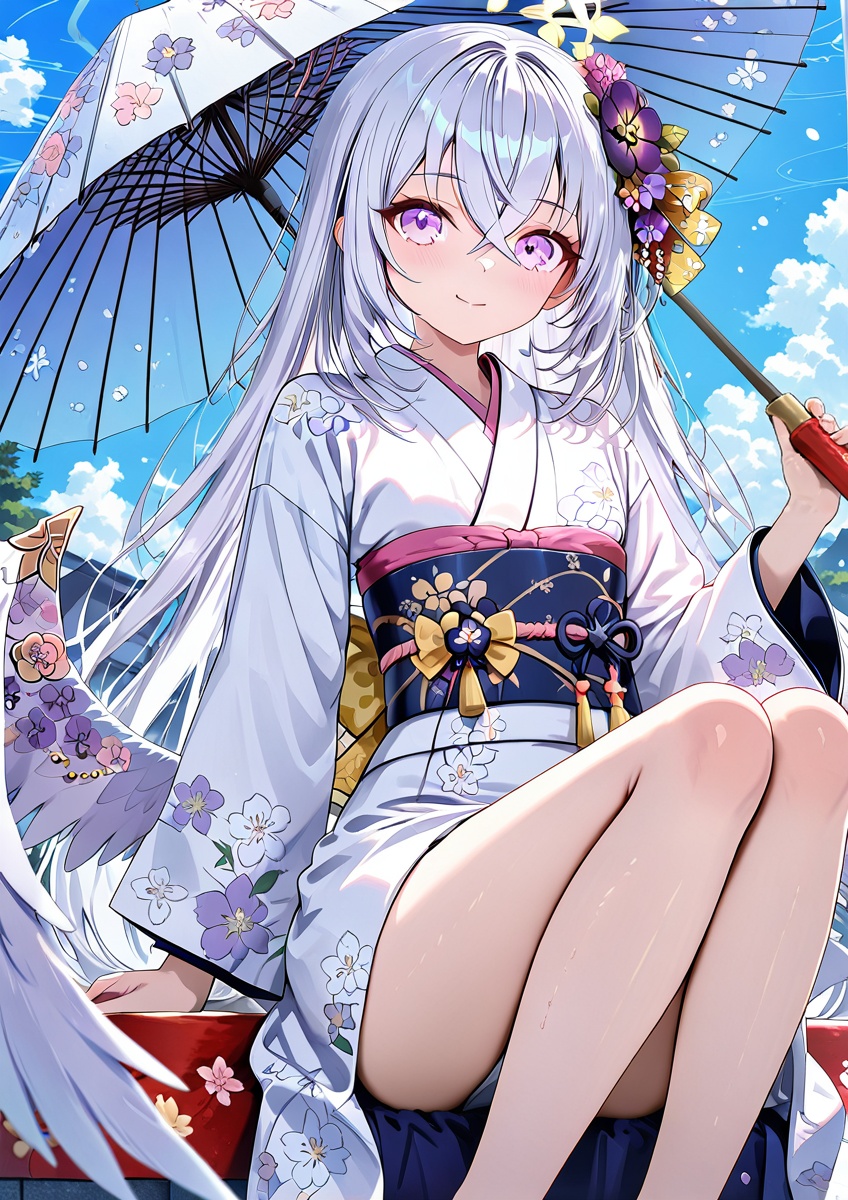 azusa (blue archive),jw,Torino,Noyu,0,1girl,solo,japanese clothes,oil-paper umbrella,hair ornament,flower,umbrella,long hair,kimono,halo,wings,hair flower,purple eyes,smile,holding,looking at viewer,sash,azusa (blue archive),obi,sitting,bangs,wide sleeves,closed mouth,white wings,holding umbrella,long sleeves,hair between eyes,blush,white hair,crossed bangs,feet out of frame,feathered wings,floral print,very long hair,ribbon,grey hair,(UHD),anatomically correct,ccurate,textured skin,super detail,high details,award winning,best quality,high quality,retina,16k,HD,1080P,8k,