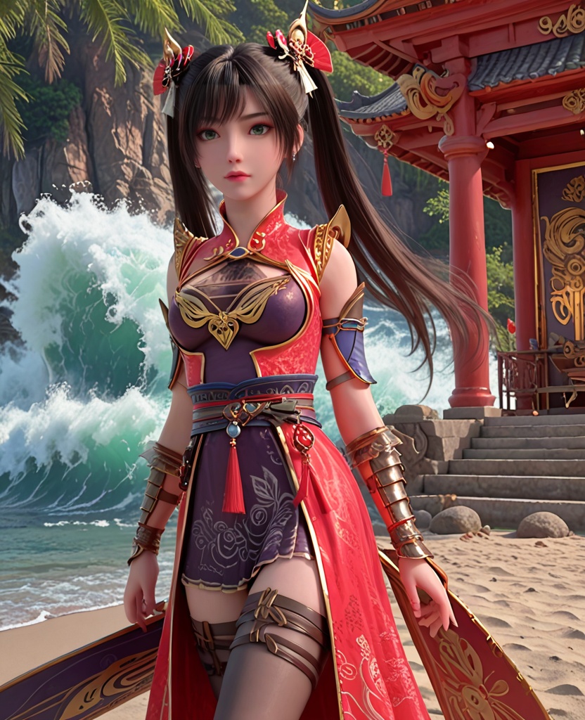 (oriental architecture, elegant decor, sophisticated style:1.1),(surfing on surfboard,waves:1.1),(breasts:1.2),<lora:XL神墓楚钰黑丝:0.95>,miss chuyu,red outer robe,purple minidress,sash,green eyes,black hair,twintails,long hair,black thighhighs,bangs,earrings,jewelry,vambraces,bracer,, score_9,score_8_up,score_7_up,score_6_up,score_5_up,score_4_up,3d rendering,tag1,tag2, Cinematic Lighting,backlighting,
