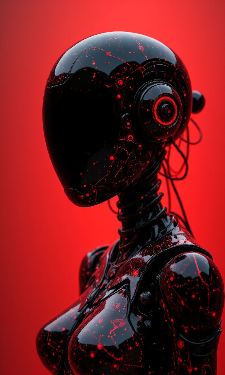JMstyle-CGI,A highly detailed CGI rendering of a futuristic,sleek humanoid robot with a black,glossy finish and intricate red circuitry patterns etched into its body. The robot has a smooth,helmet-**** head with a single,large,red eye in the center,giving it a robotic yet somewhat human-**** appearance. The eye is highly detailed,with a complex inner structure and a small,red pupil. The robot's body is slender and elegant,with a visible,coiled cable running down its neck and spine,adding to its mechanical aesthetic. The background is a solid,vibrant red,which contrasts sharply with the robot's black and red color scheme,enhancing the futuristic and high-tech feel of the image. The lighting is dramatic,with bright highlights and deep shadows,emphasizing the robot's sleek,metallic surface. The overall style is clean and polished,with a focus on precision and detail,typical of high-quality CGI art. The robot has a feminine,slender build,and the image has a strong,futuristic vibe. The robot is facing slightly to the right,with its head turned to the left,giving a side profile view. The robot's design is reminiscent of advanced robotic concepts,with a blend of organic and mechanical elements.,