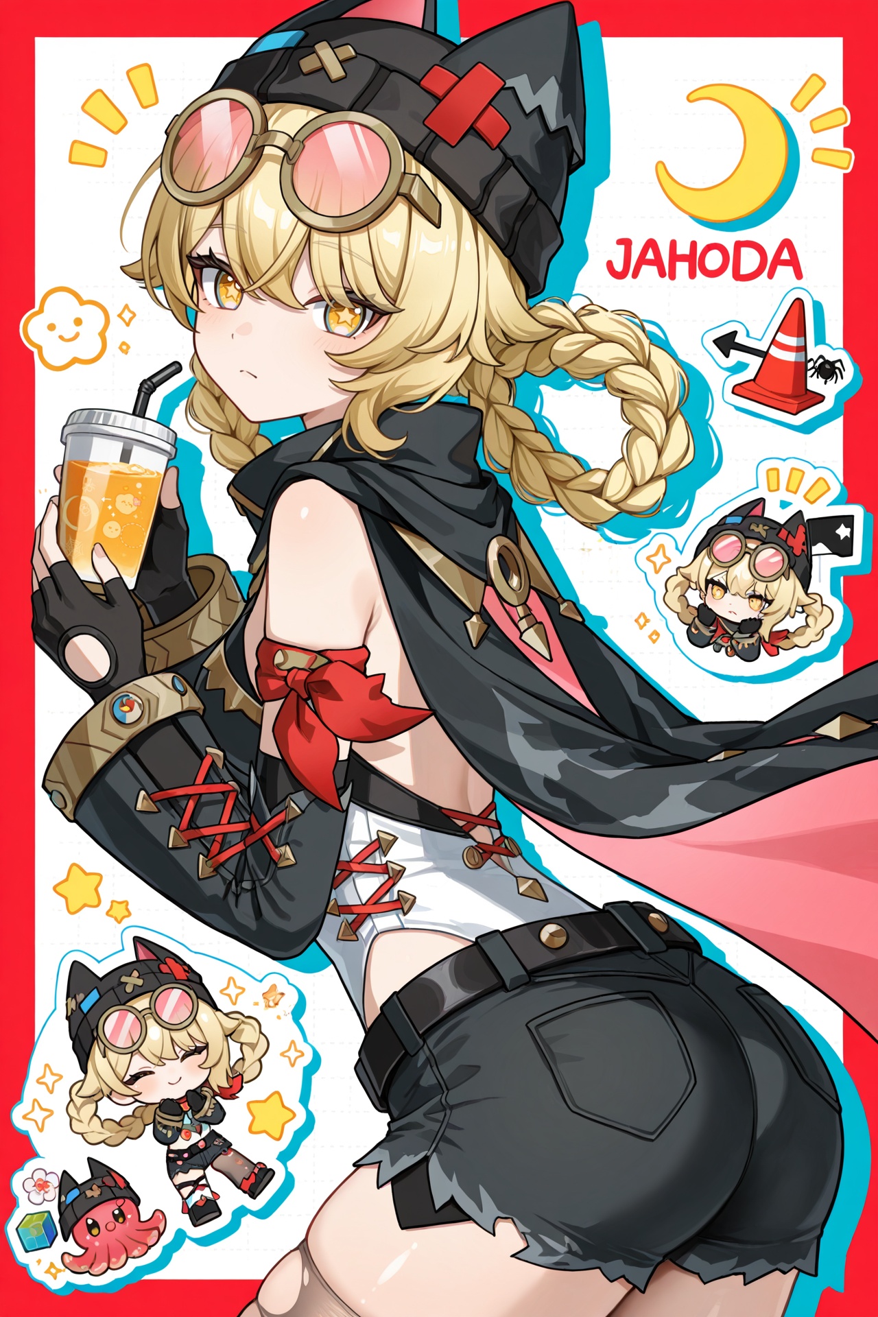 1girl,::,__artist__,year 2024,(drop shadow:1.4),(close-up:0.8),(shadow:1.2),(hands up:1.2),(border:1.2),(outside border:1.2),(hand up:1.2),(character name:1.2),from side,hand up,closed mouth,upper body,high contrast,holding cup,frown,looking at another,looking at viewer,rope,portrait,drop shadow,sparkle,^ ^,flag,moon,bug,notice lines,cloud,spider,traffic cone,star \(symbol\),circle,silk,traffic light,arrow \(symbol\),spider web,blonde theme,sun,cube,crescent moon,flower,sunlight,colorful,very awa,masterpiece,best quality,newest,highres,absurdres,chibi octopus,<lora:Jahoda-noob-Tanger-000012:0.8>,Jahoda,clothes: Jahodadef suit,Jahodadef black hat,Pentagon-shaped pupils,1girl,torn single thighhigh,gloves,braid,torn clothes,fingerless gloves,yellow eyes,round eyewear,shorts,belt,black gloves,cape,blonde hair,from behind,ass,looking back,