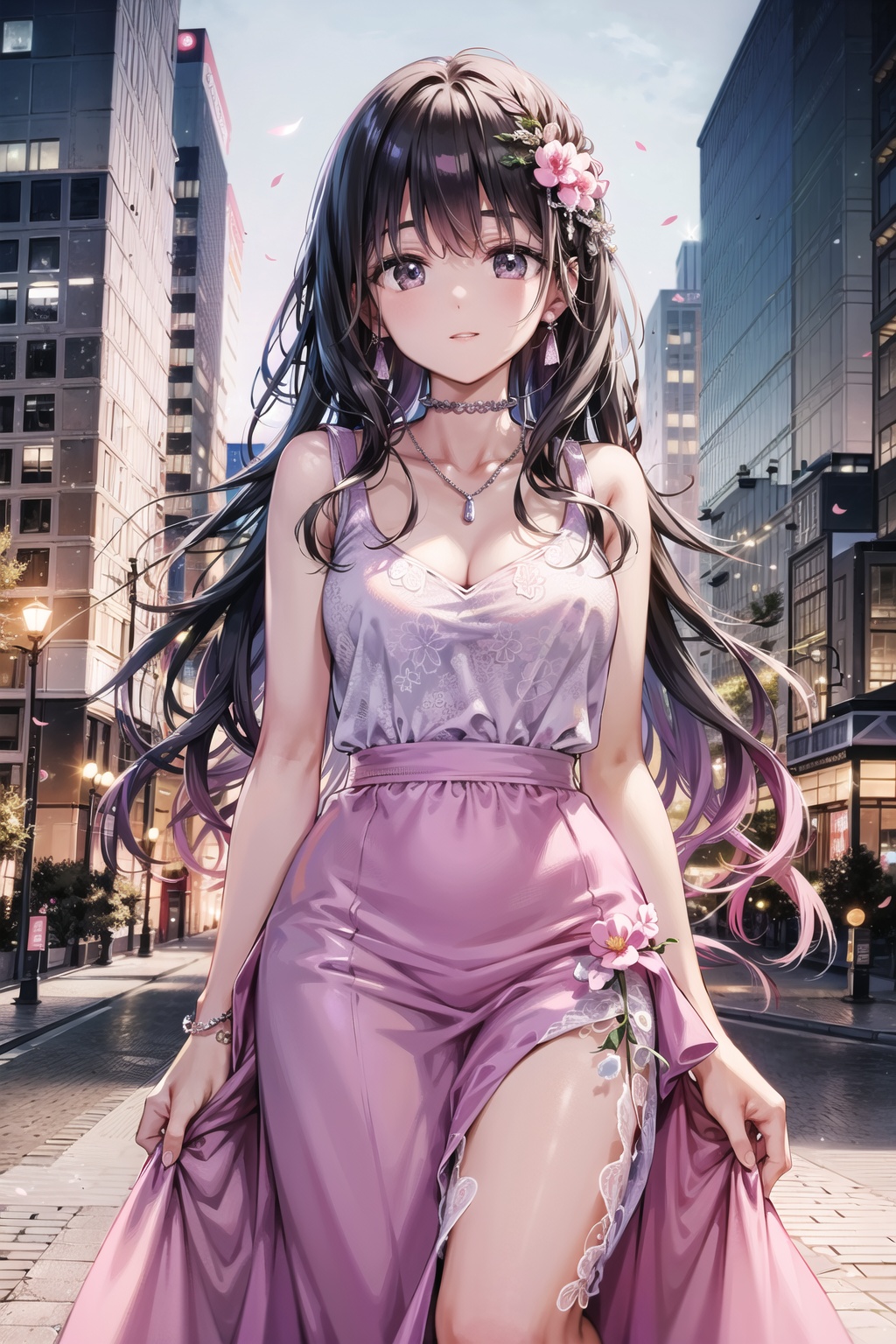 <lora:艺术家_tiv6:0.6>, masterpiece,cityscape,(best quality:1.05), (masterpiece:1.1025), (highres:1.05), original, extremely detailed 8K wallpaper, full body,solo,Aestheticism Painting,highres,Amazing,beautiful detailed eyes,finely detail,Depth of field,extremely detailed CG,beautiful detailed eyes,1girl,finely detail,intricate detail,(an extremely delicate and beautiful girl),finely detail,Depth of field,(full body),highly detailed,detailed clothes, detailed face, detailed eyes,detailed background,detailed skin,cityscape,lens flare ,necklace, tassel,earrings,hair ribbon,ribbon,nature,Cherry blossoms,standing, hair ornament,hair stick,(((white skirt)),wedding dress, bridal veil,medium_breasts,parted lips,seductive smile ,very_long_hair,wavy_hair,pink_hair,slim waist,mature female,(an extremely delicate and beautiful:1.05),female focus, beautiful face,prefect face,delicate face, tall