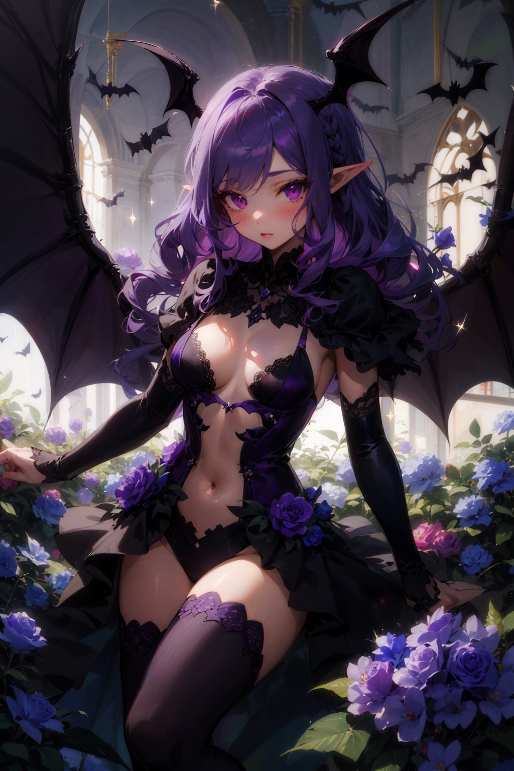 best quality,masterpiece,1girl, bat, bat wings, braid, demon wings, flower, head wings, long hair, pointy ears, purple eyes, purple flower, purple hair, purple rose, purple wings, rose, solo, sparkle, thighhighs, wings