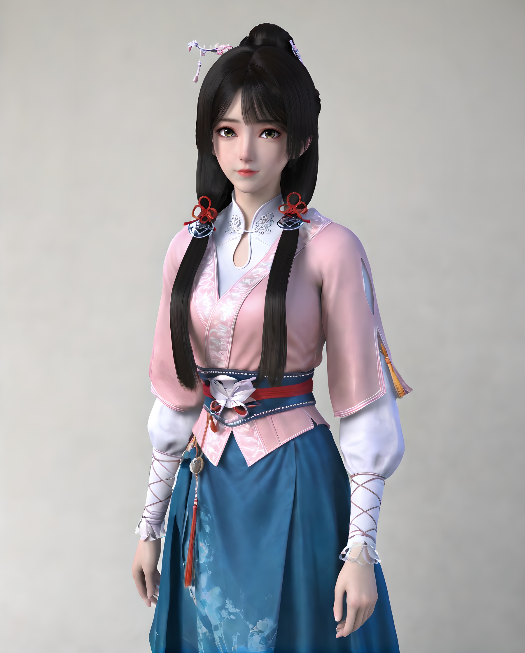<lora:SF_SongYan_Pony_Realism-000004:0.7>,1girl,solo,dress,bangs,pink clothes,blue skirt,hair ornament,standing,looking at viewer,black hair,long hair,white background,