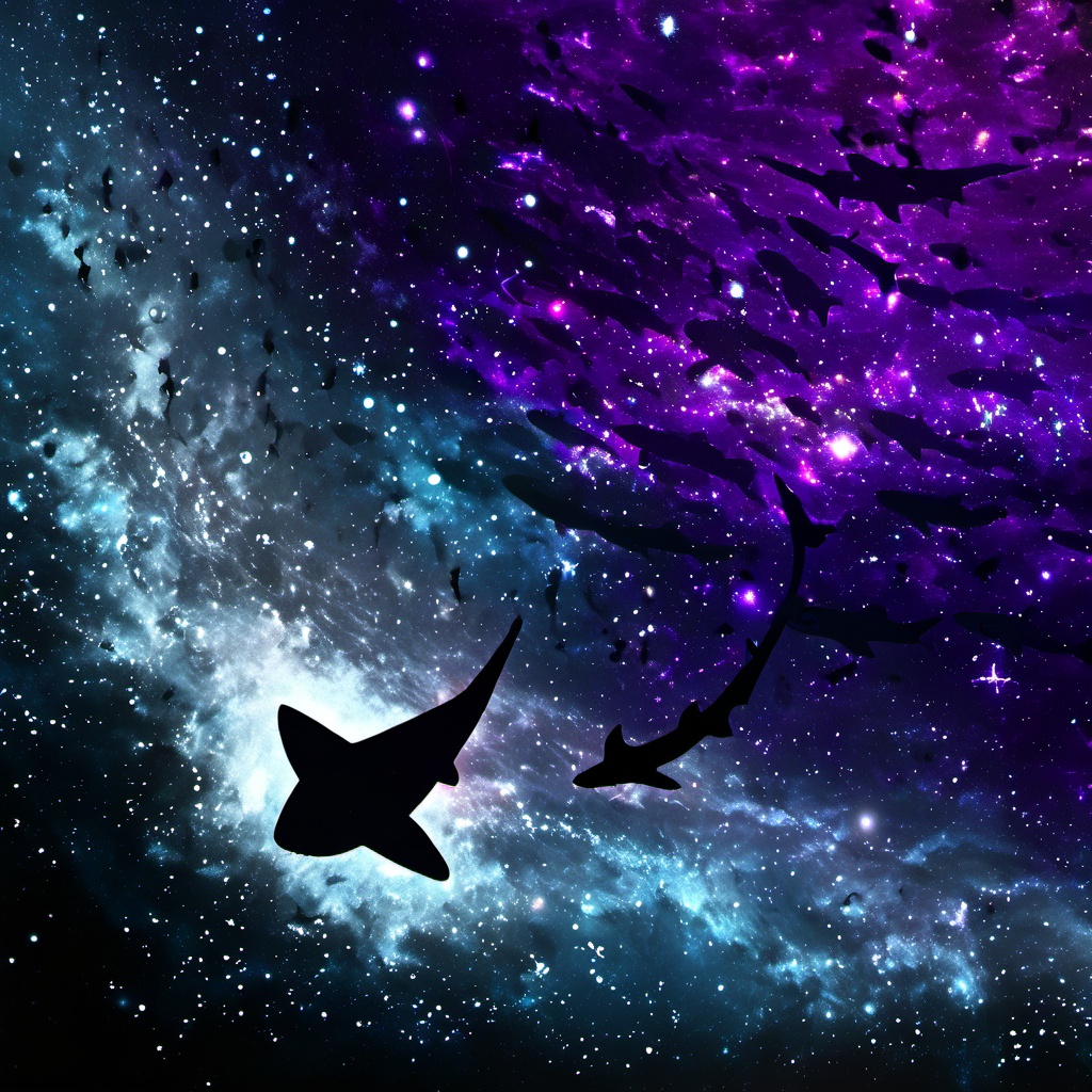 <lora:star_xl_v3:1>,ethereal ambiance, monochrome, sky, blue theme, no humans, night, star \(sky\), scenery, starry sky, fish, silhouette, moon, a black silhouette of a shark, night sky, a shark is swimming amidst a vast expanse of space., the background is a cosmic scene  which is vibrant blend of deep blues purples and hints of white which reminiscent of a galaxy or nebula, cosmic scene, vast expanse of space, galaxy or nebula, elongated body, tail, luminescent, wonder, universe