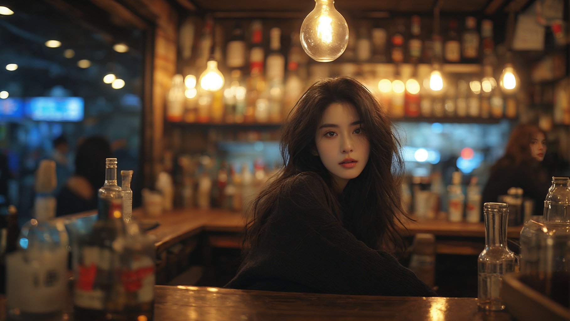 sdmai, fanhua, 1girl, solo, long hair, blurry, looking at viewer, brown eyes, brown hair, bottle, depth of field, parted lips, lips, cup, realistic, drinking glass <lora:SDMAI繁花肖像写真fanhua:0.8>
