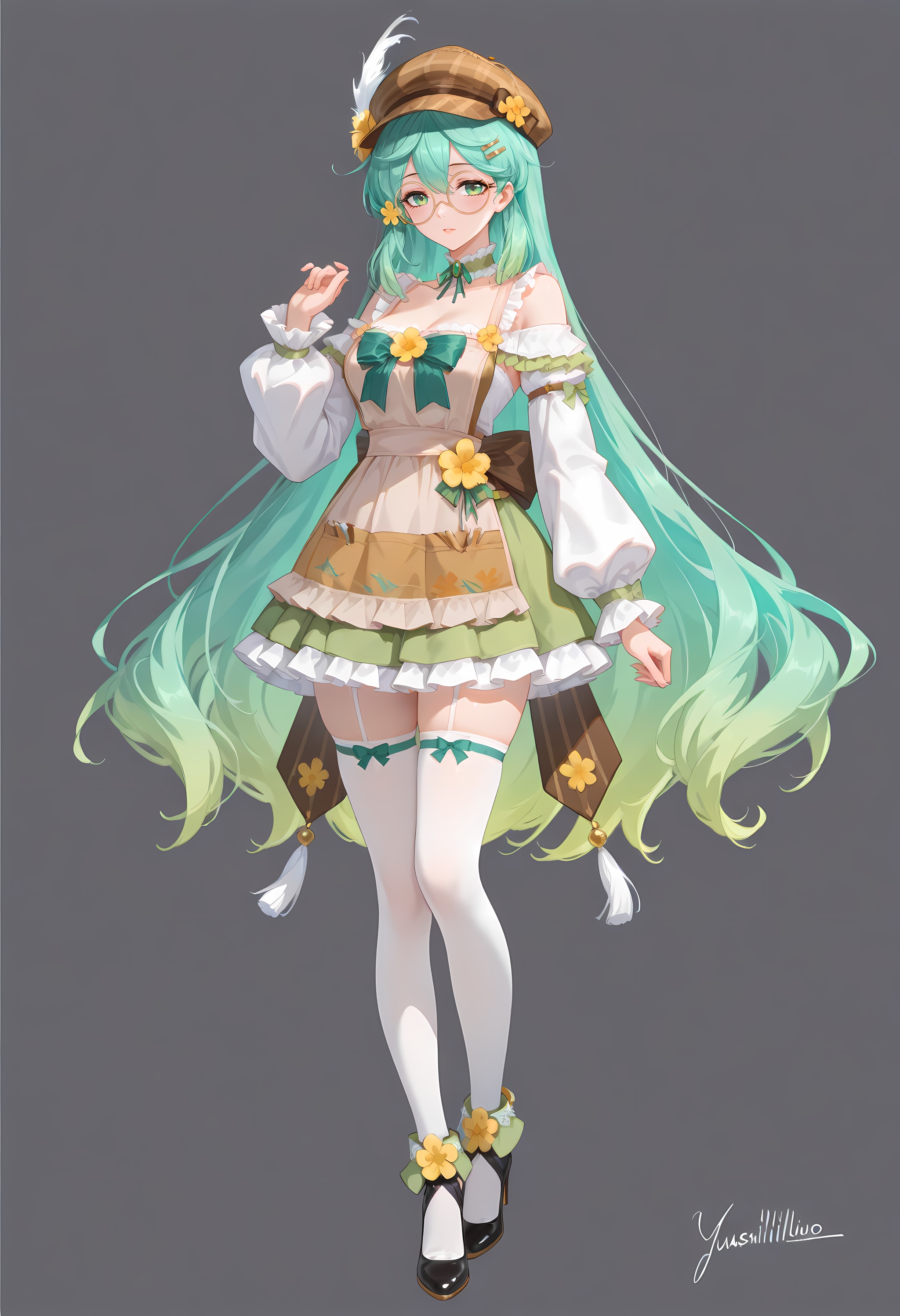 front view,((((full_body:1.4)))),(artist:kousaki rui:0.4),(artist:agm:0.6),(artist:arutera:0.6),masterpiece,hyper quality,amazing quality,absurdres,signature,(((((signature:yushililuo:1.5))))),solo,1girl,standing,simple background,white_background,eyeshadow,<lora:神曜灵绘·缪可:1>,miuke,1girl,long hair,bangs,hair ornament,hat,green eyes,flower,green hair,glasses,hairclip,hair flower,aqua hair,yellow flower,round eyewear,brown headwear,hat flower,monocle,plaid headwear,breasts,thighhighs,long sleeves,dress,bow,bare shoulders,very long hair,multicolored hair,frills,puffy sleeves,off shoulder,black footwear,apron,high heels,white thighhighs,gradient hair,detached collar,green bow,puffy long sleeves,round eyewear,brown headwear,choker,frilled choker,green choker,white shirt,detached sleeves,shoes,high heels,frilled sleeves,wreath anklet,