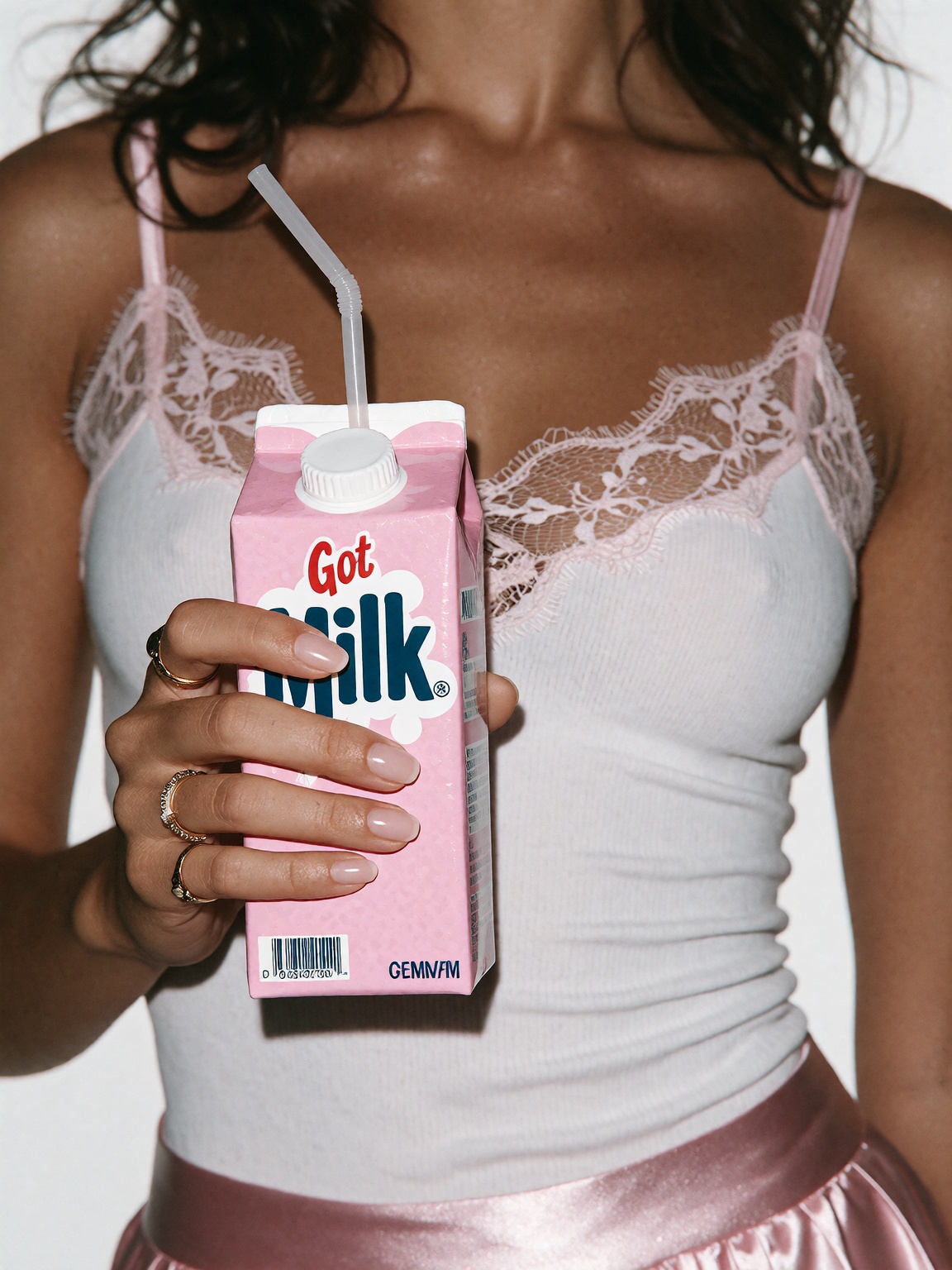 generate a campaign hero image in the style of a 1997 Got Milk? print ad. Subject: a woman,  cropped from chin or shoulder...