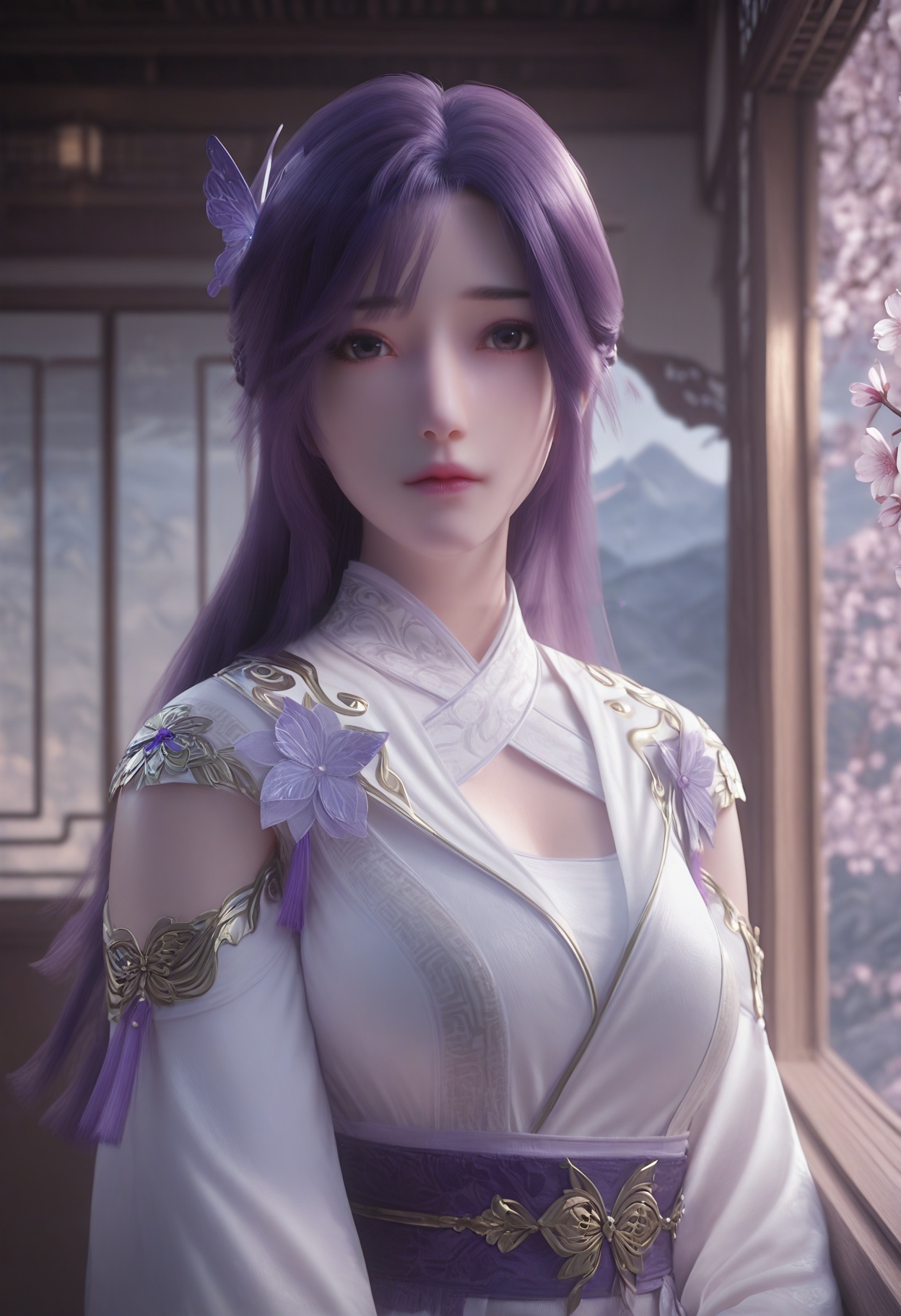 Yun_**_new,1girl,hair ornament,purple hair,long hair,solo,blurry background,looking at viewer,black eyes,bangs,hair flower,butterfly hair ornament,braid,realistic,<lora:Yun_**_*****_10_illu-000004:0.75>,white dress,purple dress,sash,chinese clothes,long sleeves,clothing cutout,photorealistic,hyperrealistic,<lora:realistic filter [IL]:1>,looking at viewer,standing,(upper body:1.2),close up,head shot,lantern,open window,looking at viewer,indoors,mountains,blossoms,flowers,east asian architecture,beautiful sunrise,warm ambient temperature,