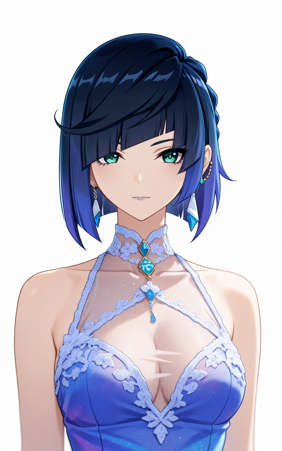 depth of field,masterpiece,best quality,very aesthetic,alternate costume,alternate costume,2024,2023,perfect composition,ultra-detailed,extreme aesthetic,masterpiece,best quality,good quality,newest,year 2024,year 2023,very aesthetic,absurdres,looking_at_viewer,colorful,white_background,simple background,upper_body,see-through,dress,<lora:夜兰·衣服百搭款ILL:0.8>,yelan \(genshin impact\),blue hair,short hair,green eyes,blunt bangs,bob cut,diagonal bangs,earrings,makeup,purple lips,