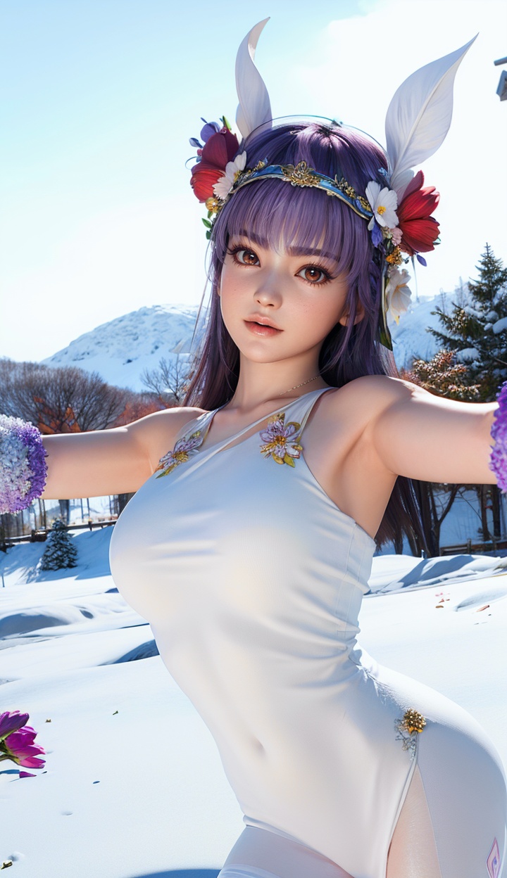 masterpiece,highres,1girl,solo,sfw,<lora:add_detail:0.3>,thighhighs,((beautiful Dress+stocking):1.25),((flower headdress:1.45)),((white theme:1.5)),snow,outdoors,snowflakes,sleeveless,3D graphics,looking_at_viewer,ayane,<lora:ayane-000004:0.75>,dynamic pose,dynamic angle,