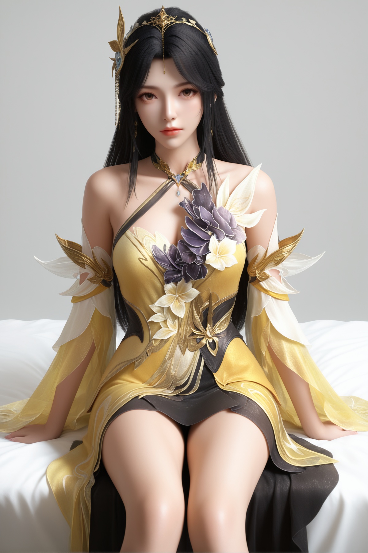 masterpiece,best quality,realistic,cinematic,detail eyes,(ultra-detailed),perfect composition,intricate details,absurdres,detailed face,high quality,high res,8K,<lora:X_wangxi_IL4.0:0.8>,black hair,brown eyes,1girl,long hair,breast,medium breast,hair_ornament,dress,yellow_dress,bare_legs,sitting,bed,simple background,white_background,looking_at_viewer,