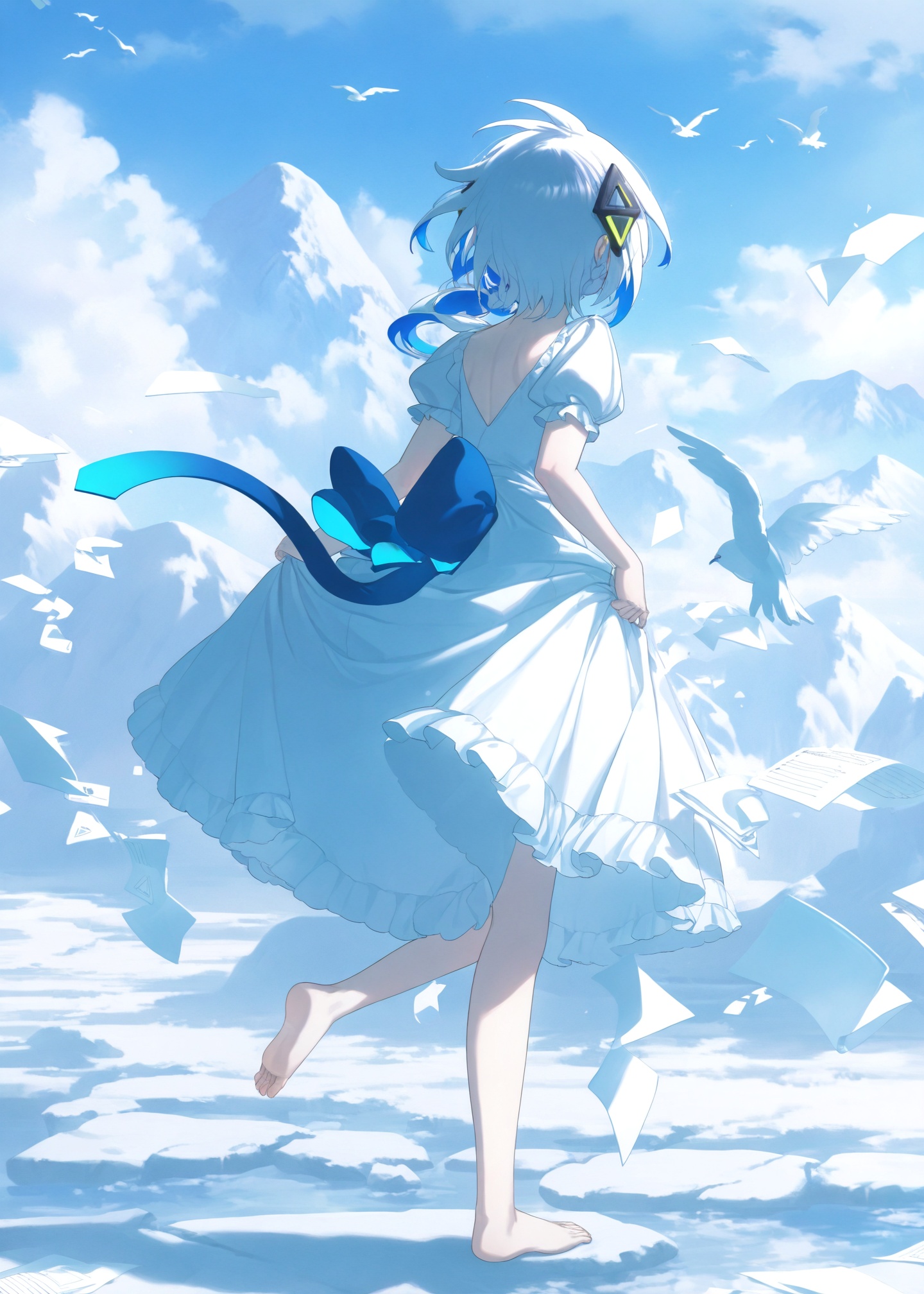 masterpiece,absurdres,best quality,petite,high quality,//,1girl, dress, solo, white_dress, barefoot, short_sleeves, white_hair, skirt_hold, paper, cable, sky, puffy_sleeves, from_behind, outdoors, full_body, puffy_short_sleeves, braid, standing_on_one_leg, facing_away, blue_sky, day, soles, cloud, standing, medium_hair, flying_paper, floating_hair, hair_over_shoulder, mountainous_horizon, feet, leg_up, triangle, toes, side_braid, rock, long_hair, frilled_dress, foot_up, medium_dress, heel_up, tail, mountain, single_braid, diamond_hair_ornament, frills, floating, bird, back_bow, blue_hair, short_hair, colored_inner_hair, hair_ornament, multicolored_hair, alternate_costume, back, looking_ahead, low_ponytail, cloudy_sky//,<lora:konya_karasue2——【CKXL】hans:1>,