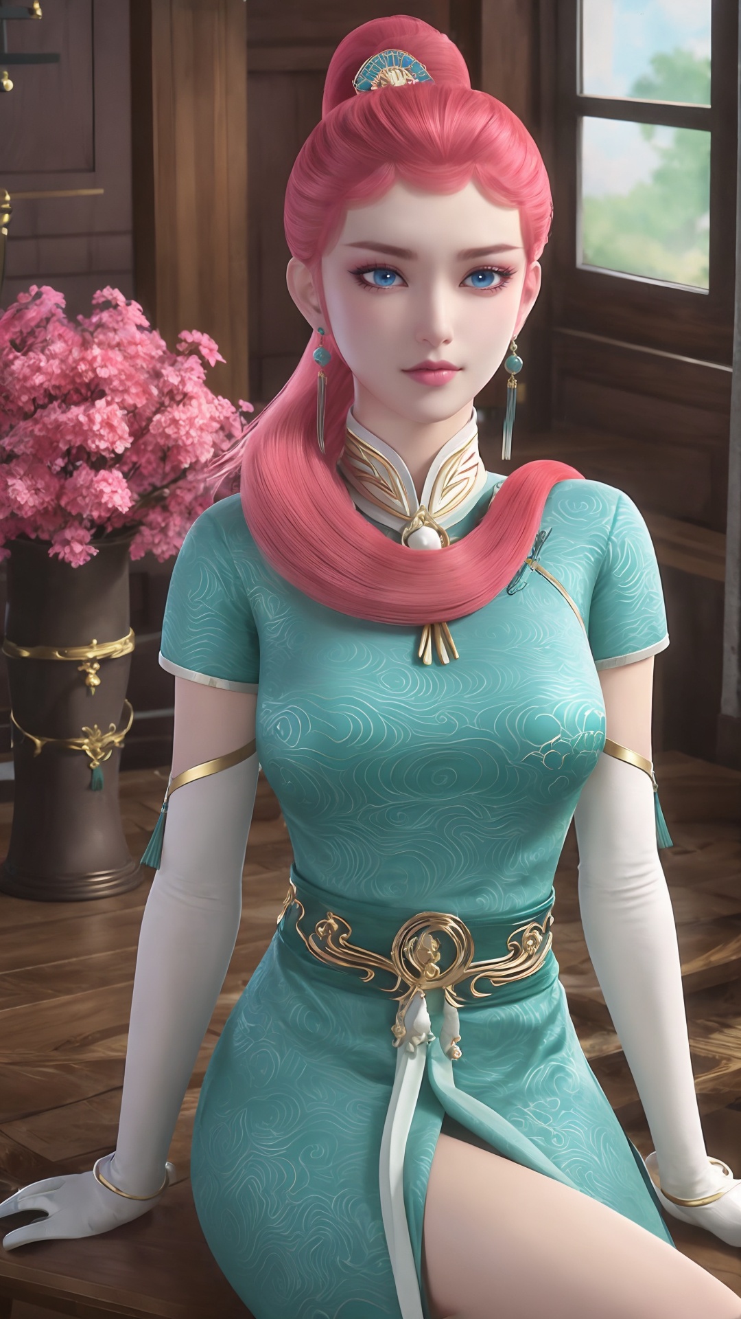 lyy,solo,1girl,jewelry,earrings,long hair,red hair,looking at viewer,realistic,lips,ponytail,blue eyes,chinese clothes,closed mouth,pink hair,eyelashes,hair ornament,nose,(flower field:1.2),cowboy shot,hpflower,white footwear,(boots:1.2),day,cowboy shot,aestheticism,a slit skirt,indoor,table,teatix,vase,sitting,windowsill,window,