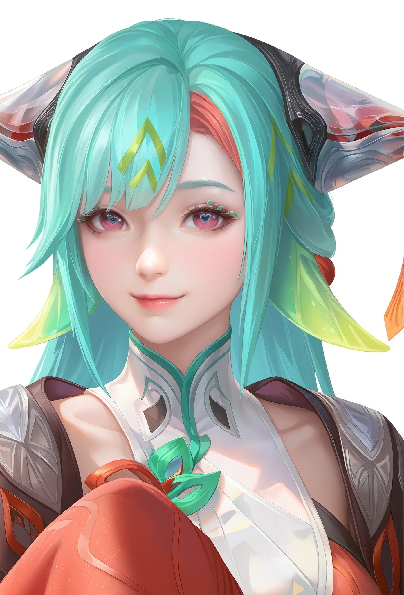 Kuze\(ssy\)\(wzry\),white background,simple background,(realistic:1.2),1girl,solo,mature female,upper body,(front view),look at viewer,hair ornament,cyan hair,long hair,green streaked hair,red streaked hair,heart eyes,eyebrow with green hearts,turtleneck,red asymmetrical dress,detached sleeves,wide sleeves,sleeve cutout,golden pattern,white thighhighs,