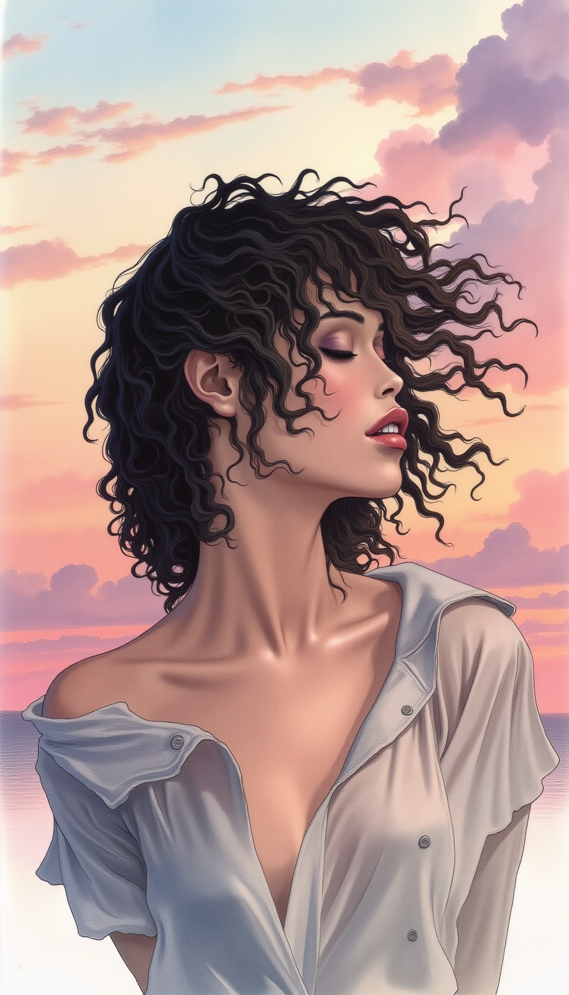 The image is a watercolor painting featuring a striking woman with a dramatic,  windswept appearance. She is depicted agai...