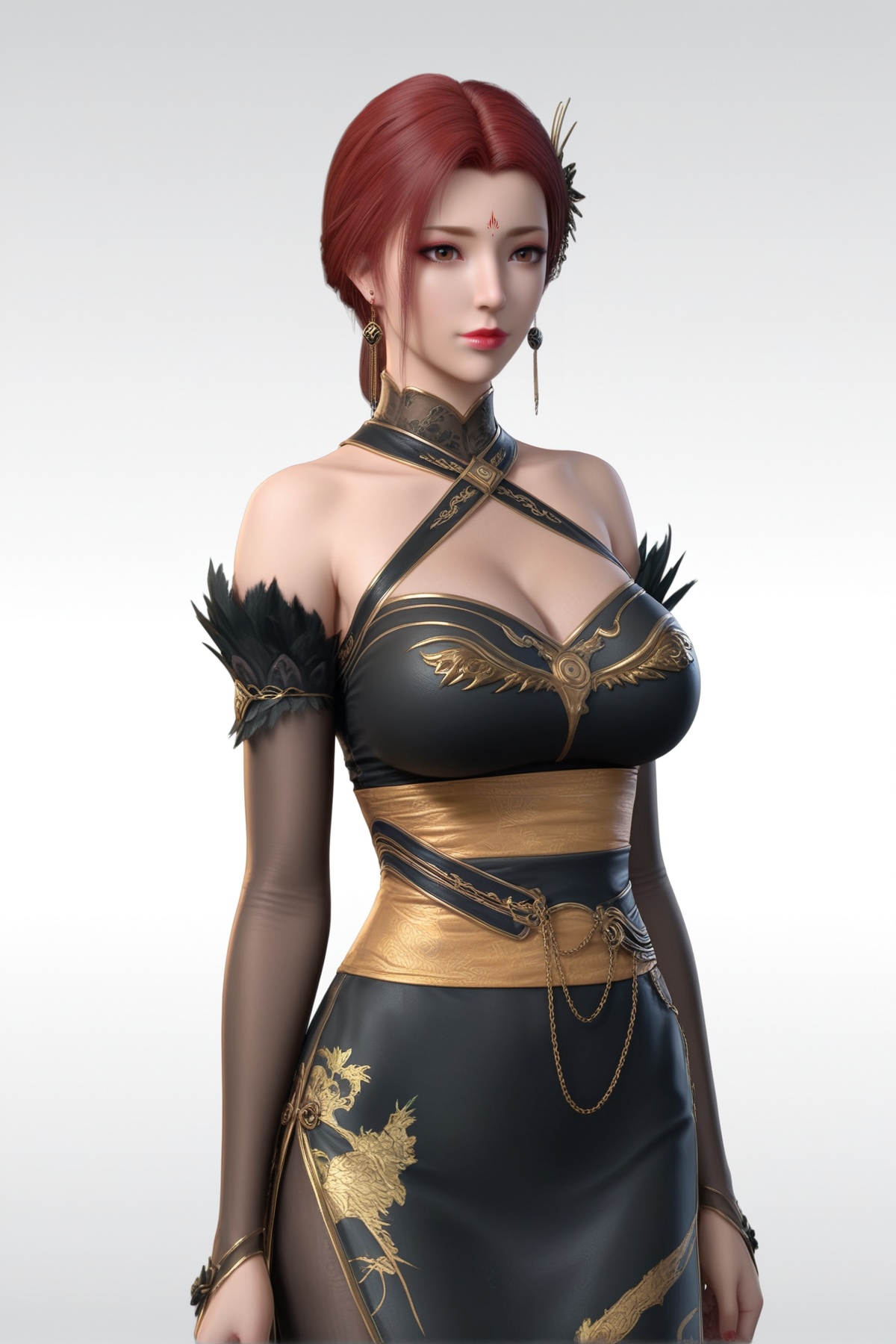 masterpiece,best quality,realistic,cinematic,detail eyes,(ultra-detailed),perfect composition,intricate details,absurdres,detailed face,high quality,high res,8K,<lora:X_yafei_3.0:0.8>,red hair,brown eyes,short hair,forehead mark,china_dress,black_pantyhose,1girl,long hair,breast,big breasts,hair_ornament,dress,simple background,white_background,cowboy_shot,cleavage,detached sleeves,halterneck,elbow gloves,mole,gloves,