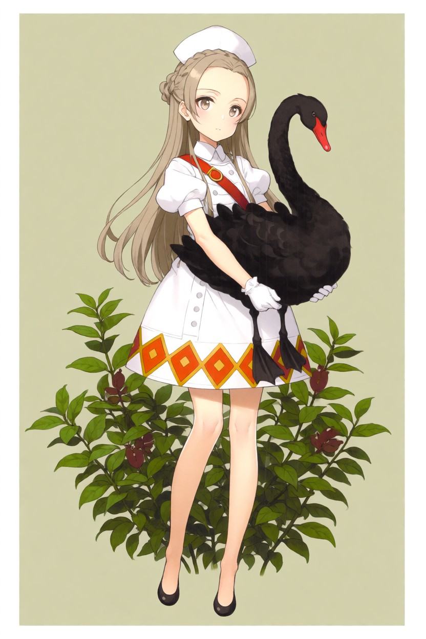 Full-body anime illustration of a young girl with long,  straight light-brown hair and braided details along her crown. Sh...
