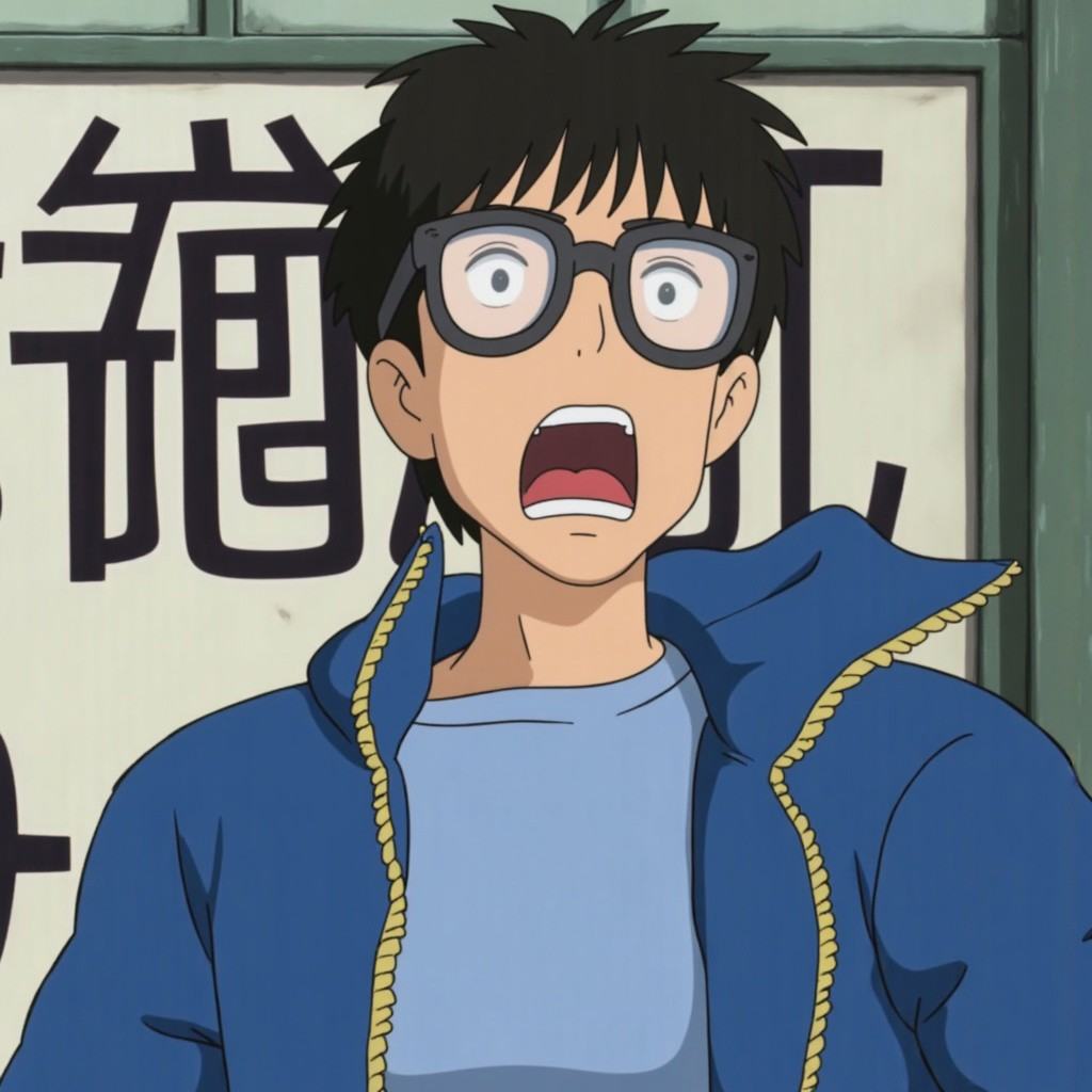 ghiblify anime scene of a young man wearing glasses,  a blue jacket,  and a blue shirt with a zipper. He is opening his mo...