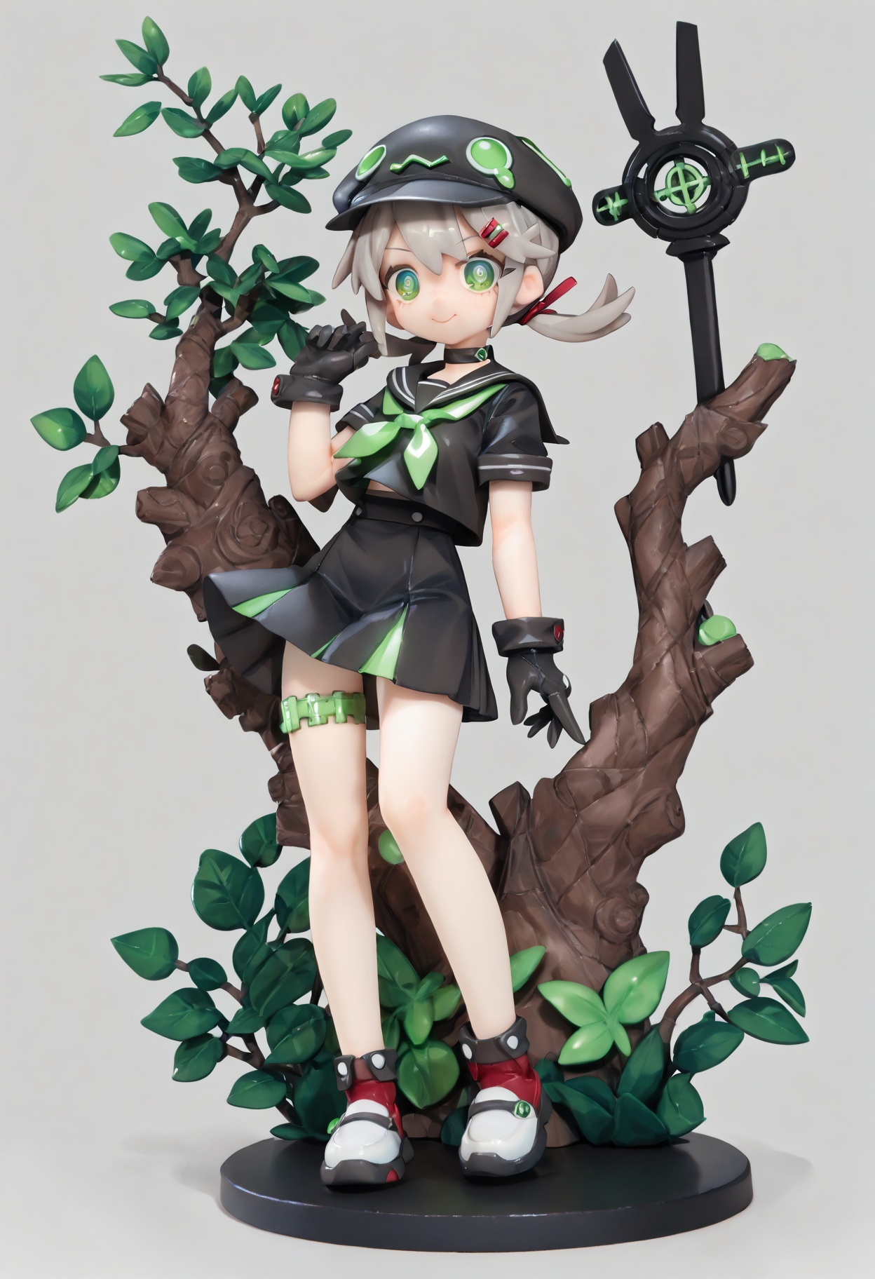 (score_9,score_8_up,score_7_up),source_anime,alter, 1girl, solo, sailor_collar, green_eyes, hair_ornament, hairclip, shirt, colored_skin, school_uniform, neckerchief, simple_background, green_neckerchief, serafuku, smile, grey_hair, twintails, gloves, black_shirt, skirt, hat, black_gloves, choker, low_twintails, blue_skin, full_body, black_headwear, black_skirt, standing, short_sleeves, short_twintails, closed_mouth, black_choker, thigh_strap, shoes, white_footwear, cabbie_hat, <lora:lvziXL-000005:0.8>