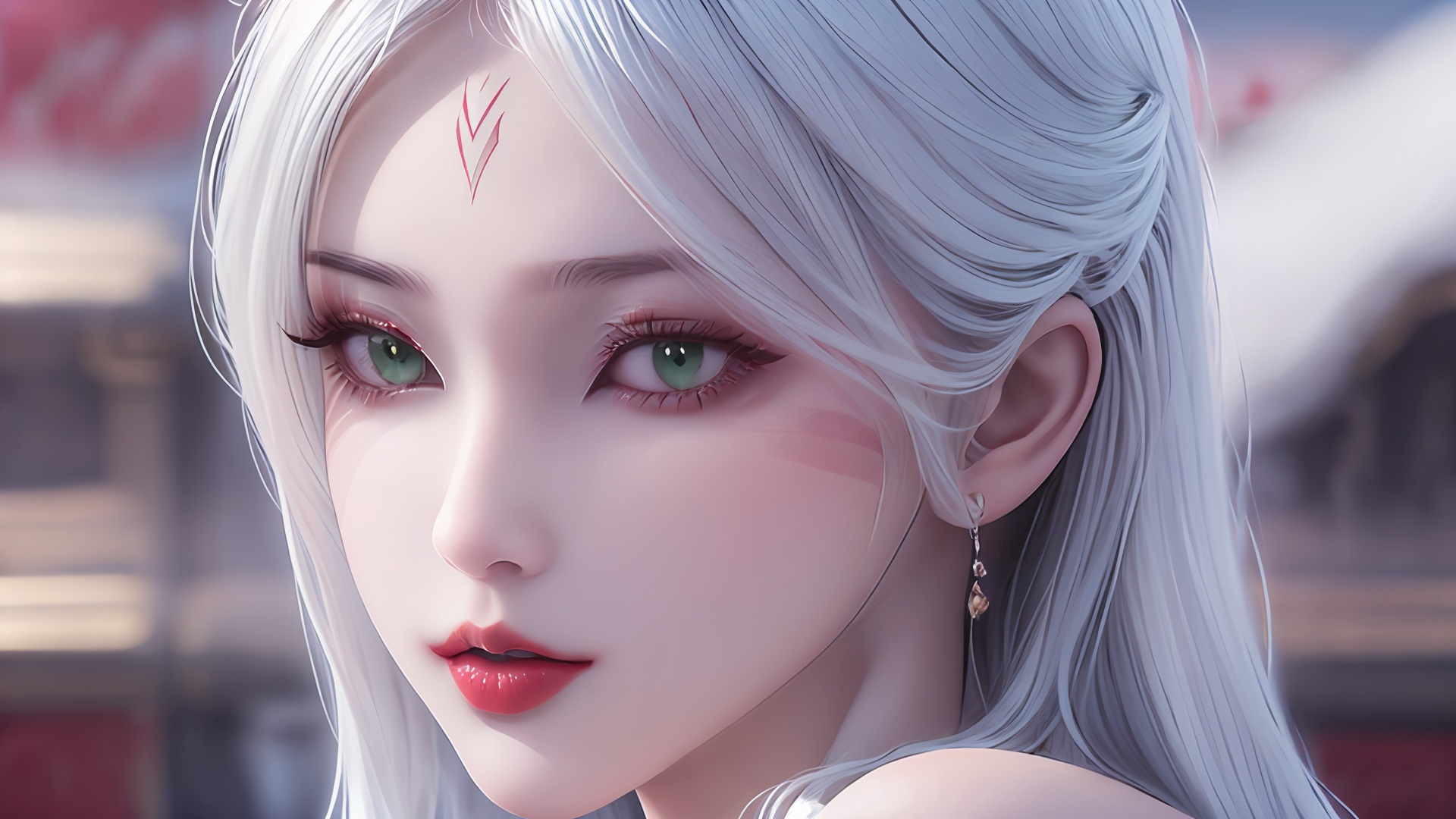 1girl,solo,green eyes,long hair,white hair,looking at viewer,facial mark,lips,blurry background,blurry,portrait,forehead mark,red lips,bare shoulders,closed mouth,makeup,<lora:girl xiaobai_20240912002955:0.8>,