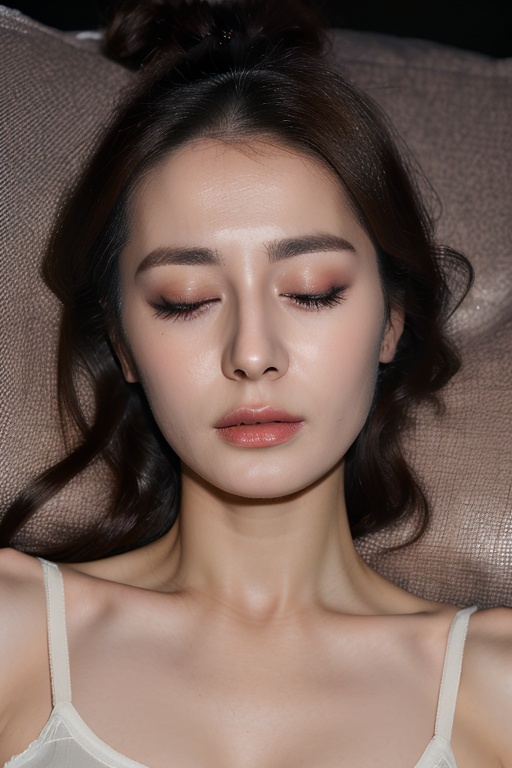 PHOTOREALISTIC,REALISTIC,masterpiece,best quality,highres,ultra detailed,8k,1woman,portrait,(strobe lighting:1.5),closed eyes, makeup,lying,on back,bed,<lora:dilireba_alexnsfw3.0:0.6>,dilireba