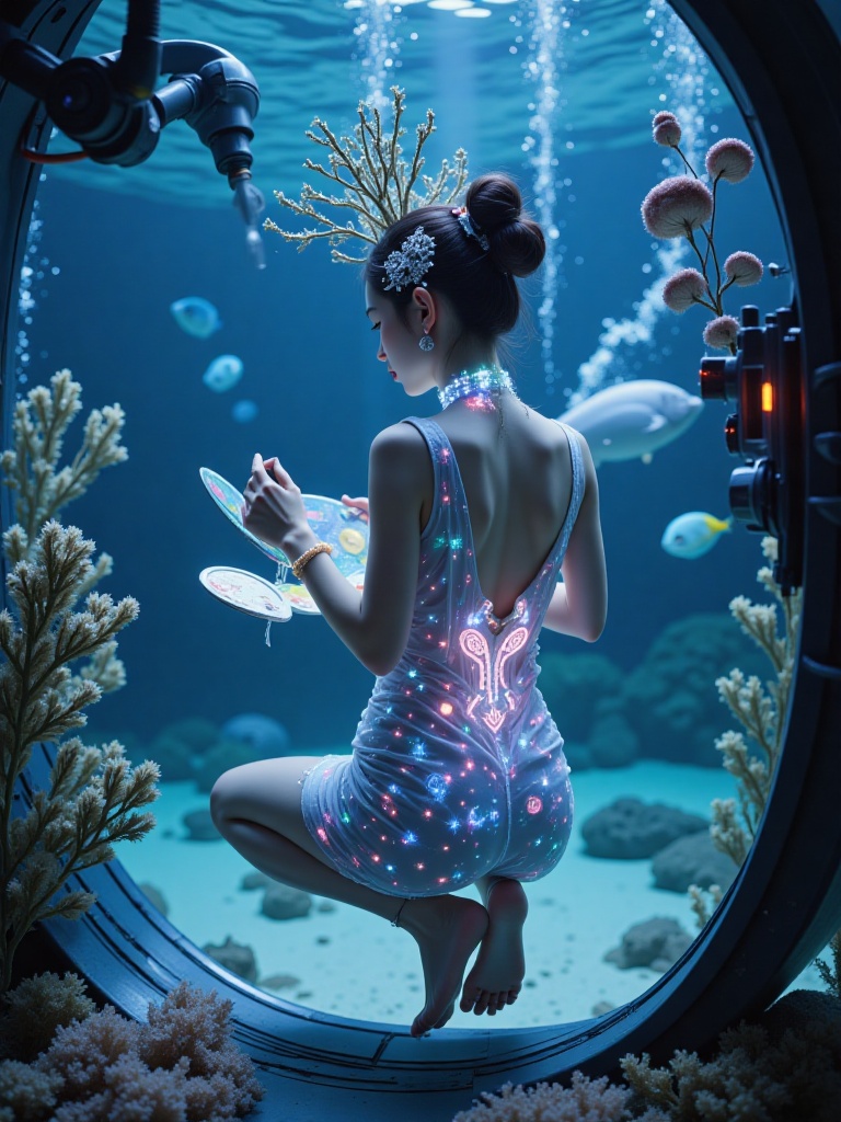 Midground shot of a sea lab,a half-breed girl is suspended in a pressure chamber,wearing a backless overall **** from bioluminescent jellyfish fibers (the gill-**** ornament at the lower back opens and closes with her breathing rhythm). She operates a holographic palette with one hand and adjusts a coral-**** 3D-printed headdress on top of her head (new branches are growing in real-time). Bioluminescent patches on her ear bones interact with deep-sea fish,and miniature thrusters tied to her ankles emit bubble trails. On the inside of the mask,virtual pearls formed by fans' donations are accumulating into a nanotechnology necklace around her neck. In the background,a robotic arm is dissecting an extraterrestrial microorganism,casting unknown inscriptions on her translucent skirt.,
