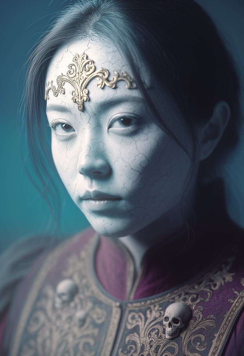 A casual photo. A casual photo of a japanese pirate girl chiaroscuro with a stark,  focused key light on the face,  castin...