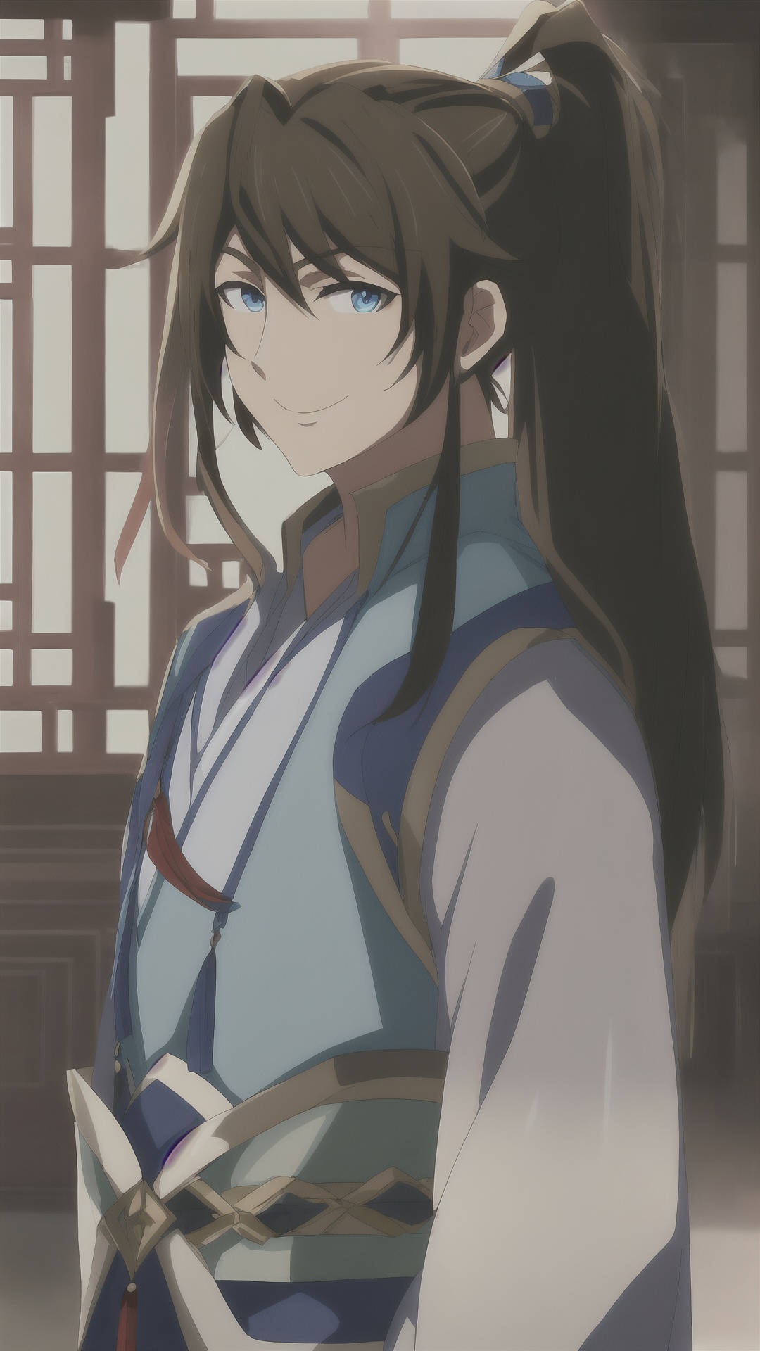 1boy,male focus,solo,long hair,blue eyes,brown hair,smile,ponytail,upper body,hair ornament,high ponytail,chinese clothes,<lora:boy baixiaochun_20240911193625:0.8>,