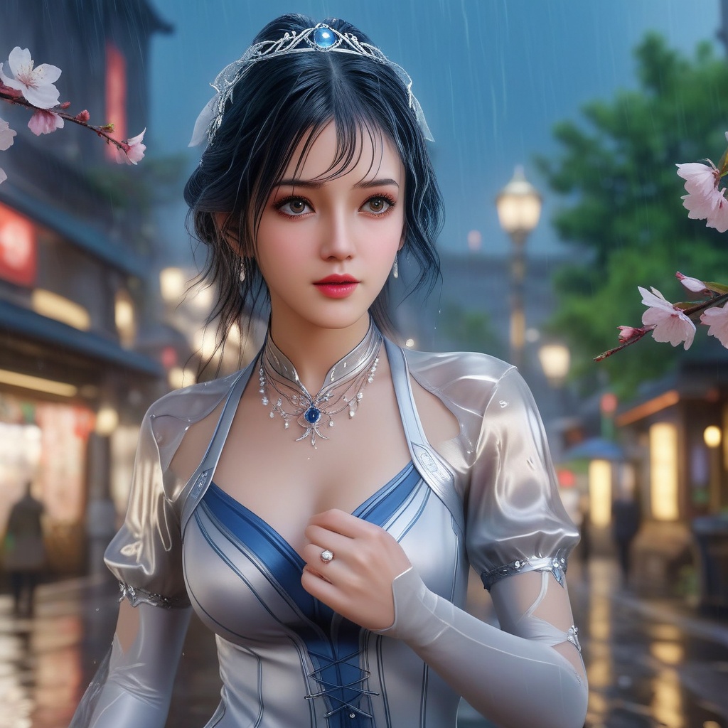 <lora:707-DA-XL-斗罗大陆-唐舞桐:0.8>(,1girl, ,best quality, ),looking at viewer, ,ultra detailed 8k cg, ultra detailed background,  ultra realistic 8k cg,          cinematic lighting, cinematic bloom, (( , )),,  , unreal, science fiction,  luxury, jewelry, diamond, pearl, gem, sapphire, ruby, emerald, intricate detail, delicate pattern, charming, alluring, seductive, erotic, enchanting, hair ornament, necklace, earrings, bracelet, armlet,halo,masterpiece, (( , )),, realistic,science fiction,mole, ,cherry blossoms,(((, , ultra high res, (photorealistic:1.4), raw photo, 1girl, wet clothes, rain, sweat, ,wet, )))(( , ))   (cleavage), (), 
