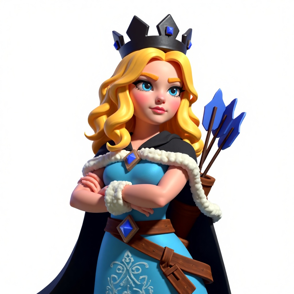 A girl with golden curly hair,wearing a black crown studded with sapphire. Her eyes are bright blue and confident,her arms crossed confidently over her chest.,She wears a blue dress adorned with delicate patterns,tied around the waist with a brown belt,in the center of which is set a blue diamond-shaped gemstone. She drapes herself in a black cloak,the edges of which are trimmed with white fur,exuding an aura of grandeur and magnificence.,On her back,she carries a quiver containing several arrows with blue arrowheads,hinting at her proficiency in archery,against a white background.,