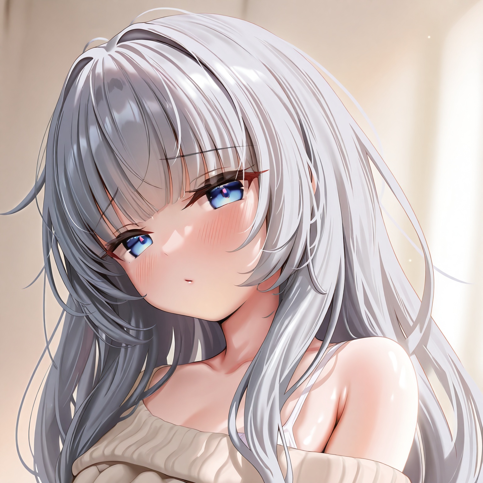 masterpiece,absurdres,best quality,((petite)),loli,high quality,chromatic_aberration,shiny_skin,//,1girl, solo,long_hair, grey_hair, blue_eyes,upper_body, portrait, head_and_shoulders,casual_clothes, oversized_sweater,looking_at_viewer, calm_expression,soft_blush,indoor_light, bedroom_background,depth_of_field, soft_focus,clean_style, high_detail, masterpiece//,<lora:kokuto_(kurousagi1210)——【CKXL】hans:0.88>,