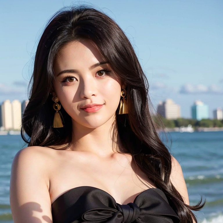 <lora:ycy:0.8>, best quality, ultra high res, photorealistic, realistic, 1girl,medium hair, black hair, solo, black_eyes, earrings, cosplay_photo, photo_\(medium\), looking at viewer, smiling,upper body, beach , depth_of_field, blue sky, cloud, sunshine, bokeh, blurry_background, looking_at_viewer, photo_background  