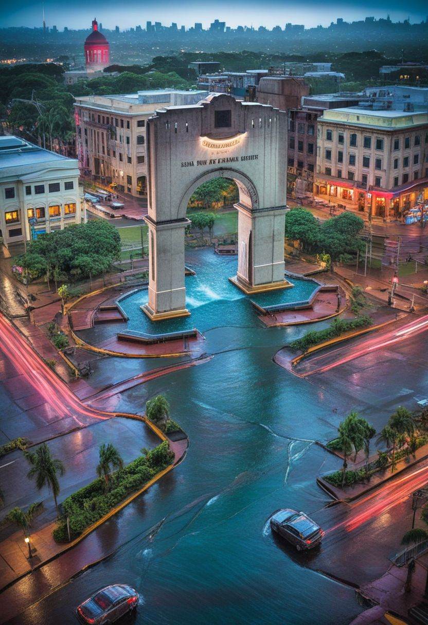 Imagine a breathtaking scene where a cascade of water bursts forth from the iconic San Juan Triumphal Arch,  cascading dow...