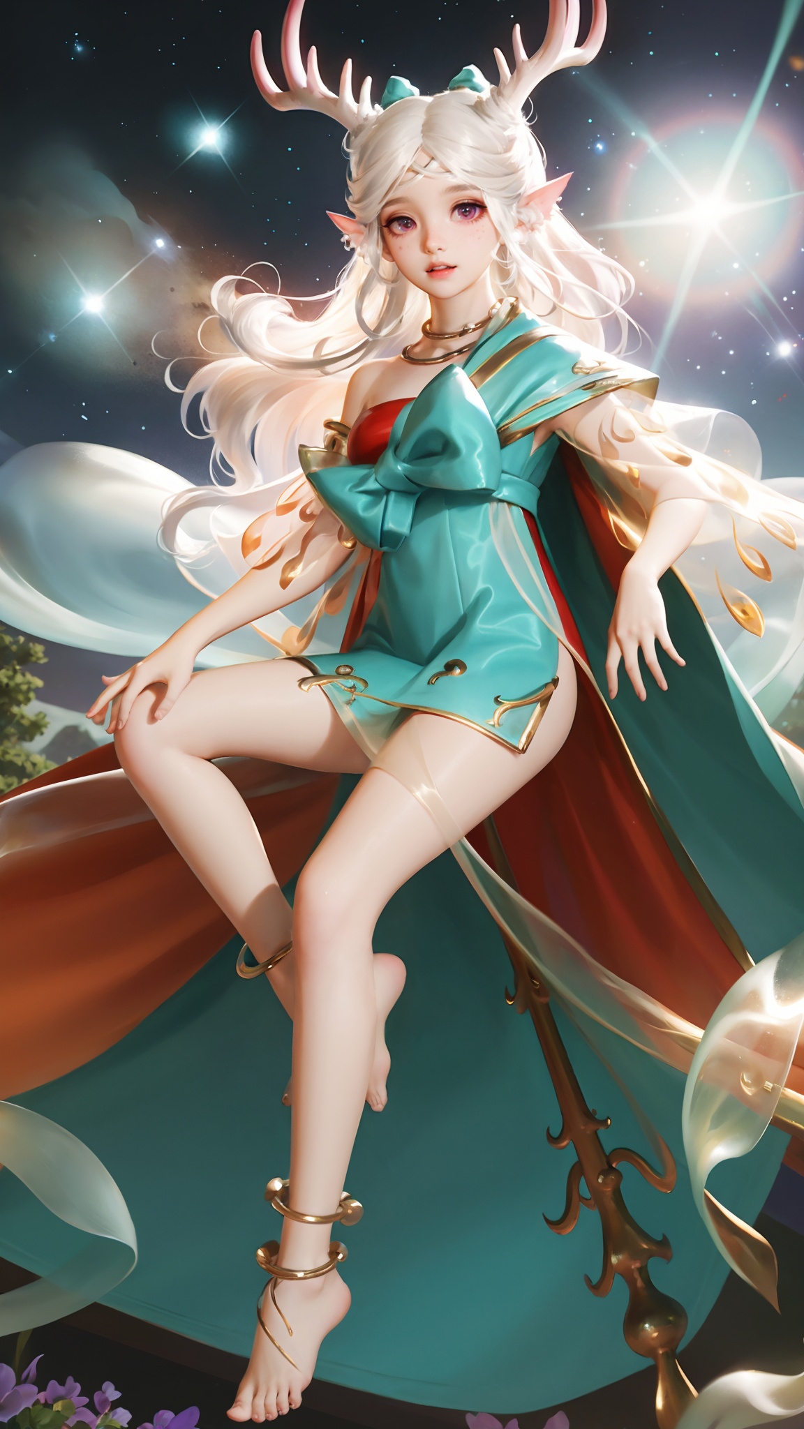1girl,solo,antlers,pointy ears,white hair,dress,jewelry,anklet,long hair,looking at viewer,capelet,bow,<lora:瑶妹:0.75>,scenery,starry_sky,stars,sky,see-through,barefoot,