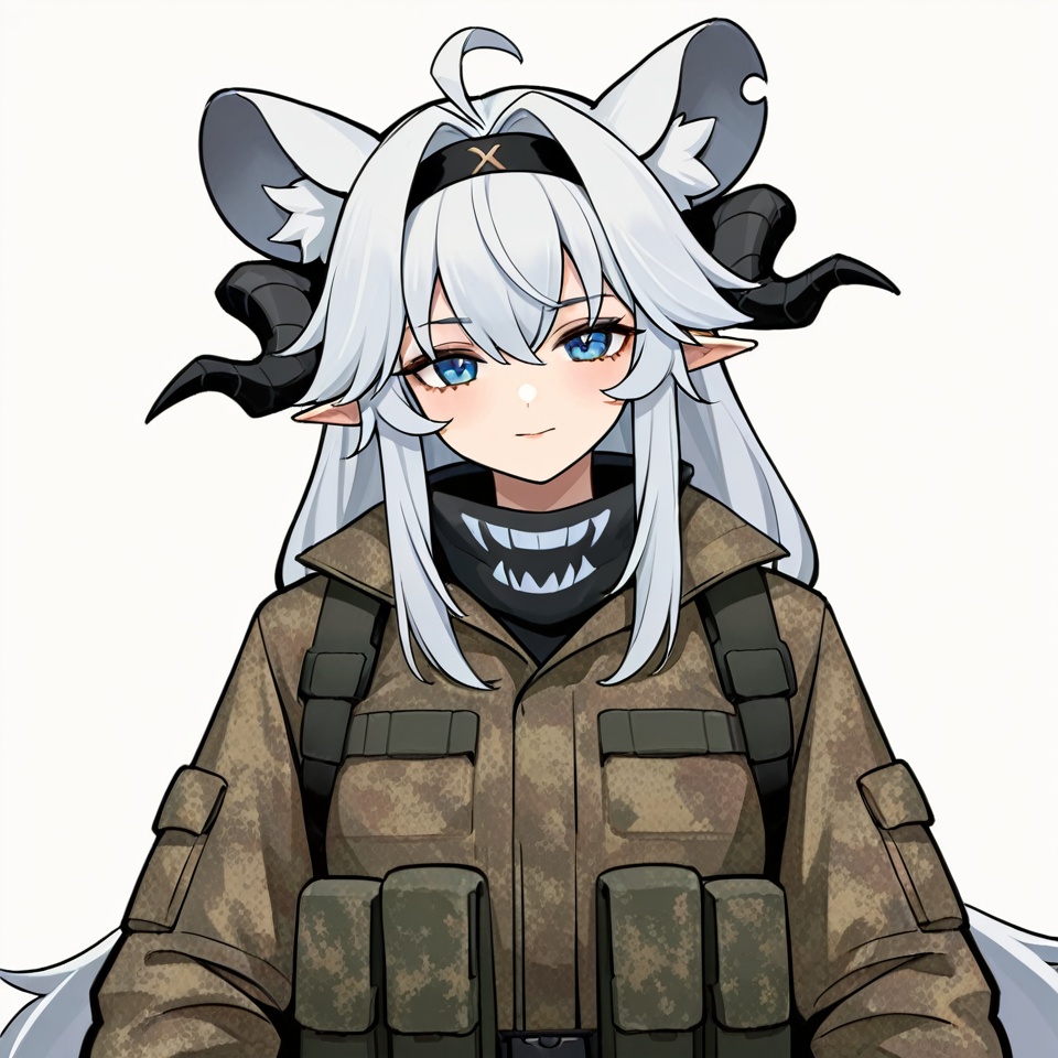 masterpiece, best quality,solo,(white background:1.2),simple background,1girl,looking at viewer,        dajiaoshu_style,shuangweihuixing,rat ears,horns,blue eyes,animal ears,closed mouth,ahoge,white hair,2 tails,animal ear fluff,demon tail,demon horns,long hair,gloves,jacket,hairband,black gloves,virtual youtuber,camouflage,camouflage jacket<lora:双尾彗星-1.0-ill2pro:0.8>
