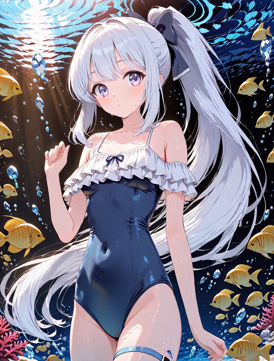 Miyako (blue archive),O,Five fingers,Miyako (blue archive),1girl, purple eyes, swimsuit, underwater, ponytail, one-piece swimsuit, long hair, looking at viewer, white hair, halo, hair bow, solo, bow, bubble, bangs, fish, sandals, breasts, sidelocks, air bubble, toes, blue one-piece swimsuit, frills,(UHD),anatomically correct,accurate,textured skin,super detail,high details,award winning,best quality,high quality,retina,HD,16k,1080P,