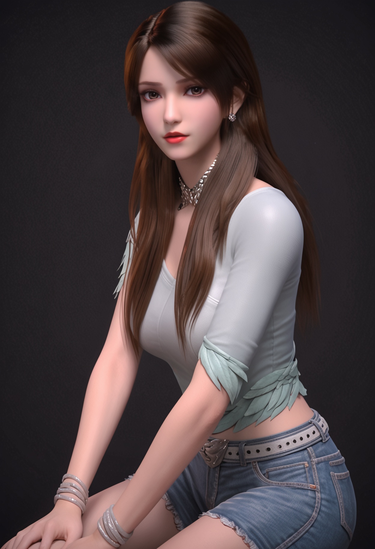 score_9,looking_at_viewer,upper body,(large breasts:0.8),1girl,solo,brown hair,long hair,realistic,brown eyes,lips,jewelry,earrings,shirt,necklace,red lips,denim,shorts,belt,high heels,(simple background,pure black background,black background:1.1),perfect_anatomy,<lora:QQSponybaizhiV1:0.8>,