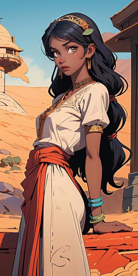 (masterpiece, best quality), dark-skinned female, ((intricate)), traditional clothes, desert, bracelet, town, hair ornament, jewelry, leaning back, looking at viewer, upper body, plateau, sandstorm,