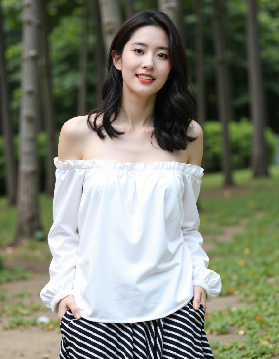 The image is a portrait of a young woman standing in a park or garden. She is wearing a white off-the-shoulder blouse with long sleeves and a black and white striped skirt. She has shoulder-length dark hair styled in loose waves and is smiling at the camera. The background is blurred, but it appears to be a wooded area with trees and greenery. The woman is standing with her hands in her pockets and is looking off to the side with a slight smile on her face.