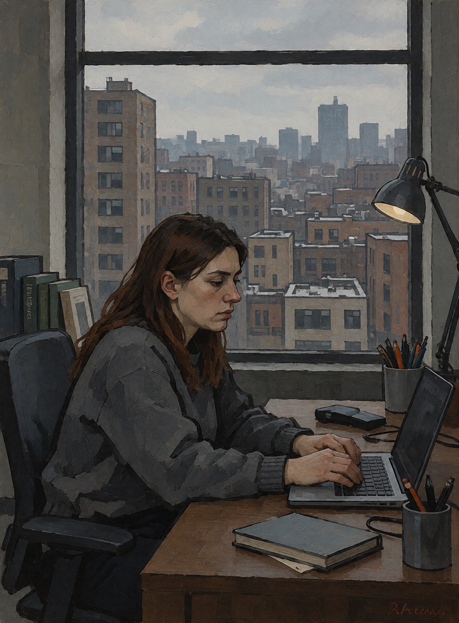 A young woman working alone in a modern office,  seen in profile at a desk beneath a large rectangular window,  dark sweat...