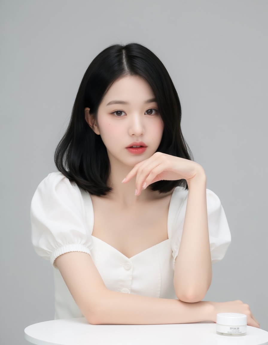 A young Asian woman with a fair complexion and black hair straight to shoulder length. She has a delicate and delicate appearance,with a small,dainty nose,full lips,large almond shaped eyes,and delicate makeup that accentuates it. Her expression was neutral,with a touch of calm and serenity. She wore a short white shirt with puffy sleeves,and her posture was relaxed,her left hand resting on her chin and her right arm resting on the table in front of her. The table was white and round with a smooth,smooth surface. In the foreground,to the right,there is a small cylindrical white object,like a makeup or skin care product,on a table. The background is a clean,minimalist light gray that enhances the soft,elegant character of the subject. The overall composition is simple and elegant,with an emphasis on the serenity and natural beauty of the subject.,