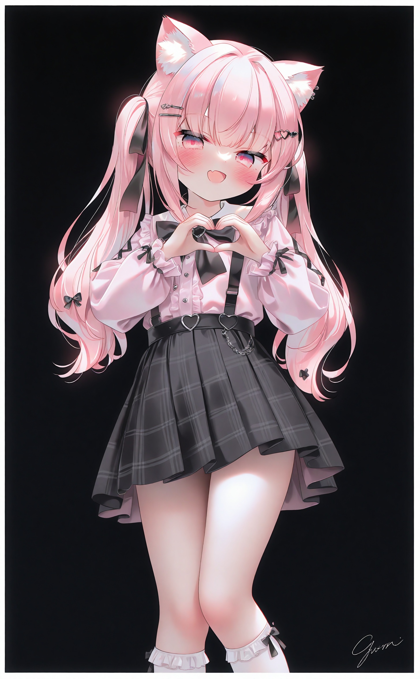 masterpiece,absurdres,best quality,high quality,chromatic_aberration,night,darkness,black theme,photorealistic,high contrast,high saturation,loli,loli,loli,//,1girl, animal ears, skirt, heart hands, pink hair, cat ears, twintails, solo, pink eyes, heart, black skirt, cat girl, suspender skirt, looking at viewer, long hair, shirt, suspenders, smile, hair ornament, plaid, open mouth, white shirt, hairclip, ribbon, long sleeves, white socks, skin fang, fang, bow, black bowtie, socks, bowtie, blush, black bow, jirai kei, plaid skirt, animal ear fluff, signature, black ribbon, :d, shirt tucked in, hair ribbon, sidelocks, white border, pleated skirt, puffy long sleeves, simple background, white background, kneehighs, border, feet out of frame, heart hair ornament<lora:Nai4 gzc:1>,