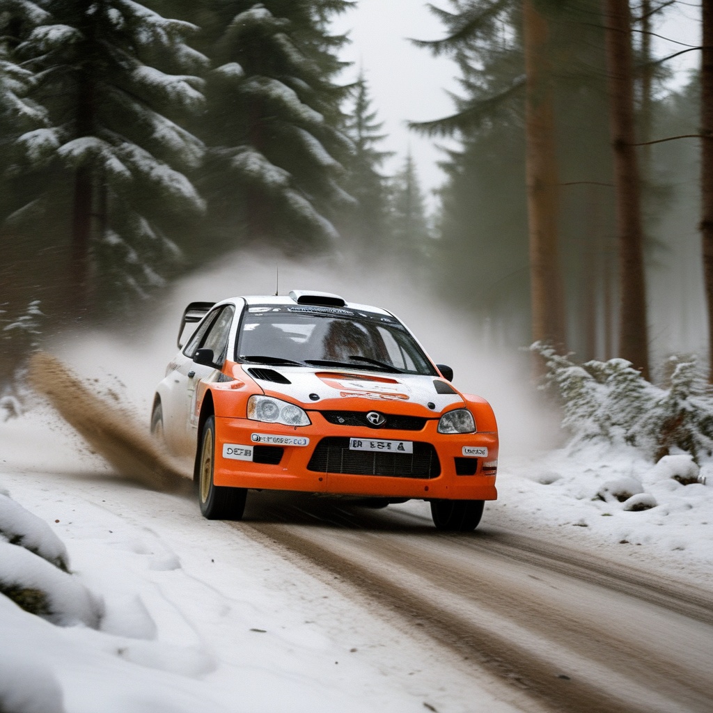 A rally car speeding through a snowy forest during a race,  with snow flying from the tires and trees whizzing by in the b...