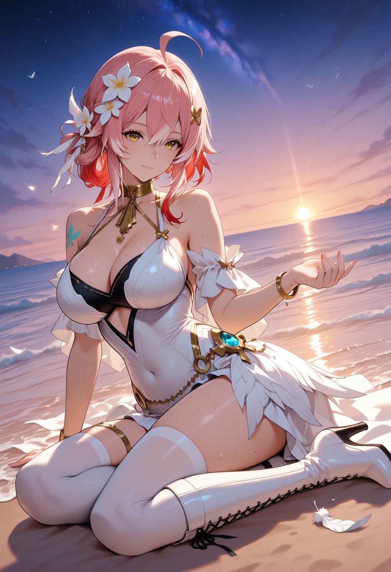 self_fondle,solo,beach,ocean,butterfly_tattoo,collarbonea,soxy,wet body,the body has water,leg chain,chest chain,belly chain,animal collar,waves,gradient_sky,starry_sky,dusk,in summer,<lora:长离师尊:1>,changli,1girl,long hair,bangs,hair ornament,ribbon,hair between eyes,bare shoulders,yellow eyes,ahoge,red hair,short hair,multicolored hair,highlighted hair,pink hair,flower,hair flower,sexy,<lora:浮光絮语:1>,fgxy,thighhighs,dress,bare shoulders,high heels,feathers,jewelry,white thighhighs,choker,bracelet,boots,white dress,white footwear,knee boots,cross-laced footwear,
