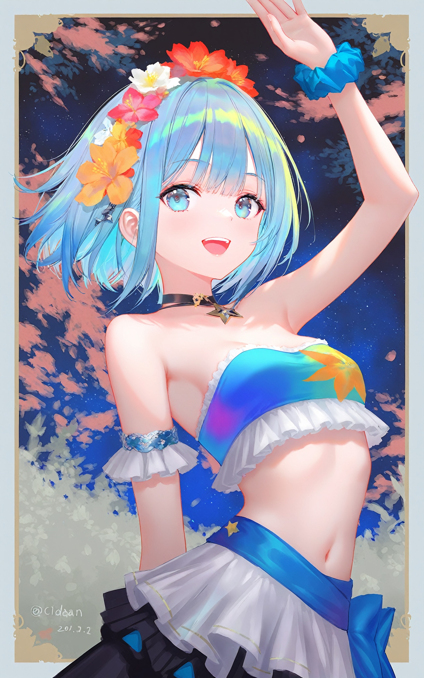 1girl,solo,breasts,looking at viewer,smile,short hair,open mouth,bangs,blue eyes,navel,bare shoulders,blue hair,upper body,small breasts,teeth,midriff,twitter username,arm up,dated,strapless,upper teeth only,scrunchie,bandeau,tube top,(Tyndall Effect 1.4),(wlop:0.6),((artist:reoen),(artist:fuzichoco),(artist:atdan),(artist:torino_aqua),year 2024:0.8),[artist:wlop],[artist:ningen_mame],artist:ciloranko,[[artist:rhasta]],artist:tidsean,colorful,best quality,very aesthetic,absurdres,32K UHD,sharp focus,best-quality,Emotionalization,temperate atmosphere,with a high-end texture,in the style of fashion photography,Dynamic,dynamic force picture,(Visual impact:1.2),impactful picture,offcial art,