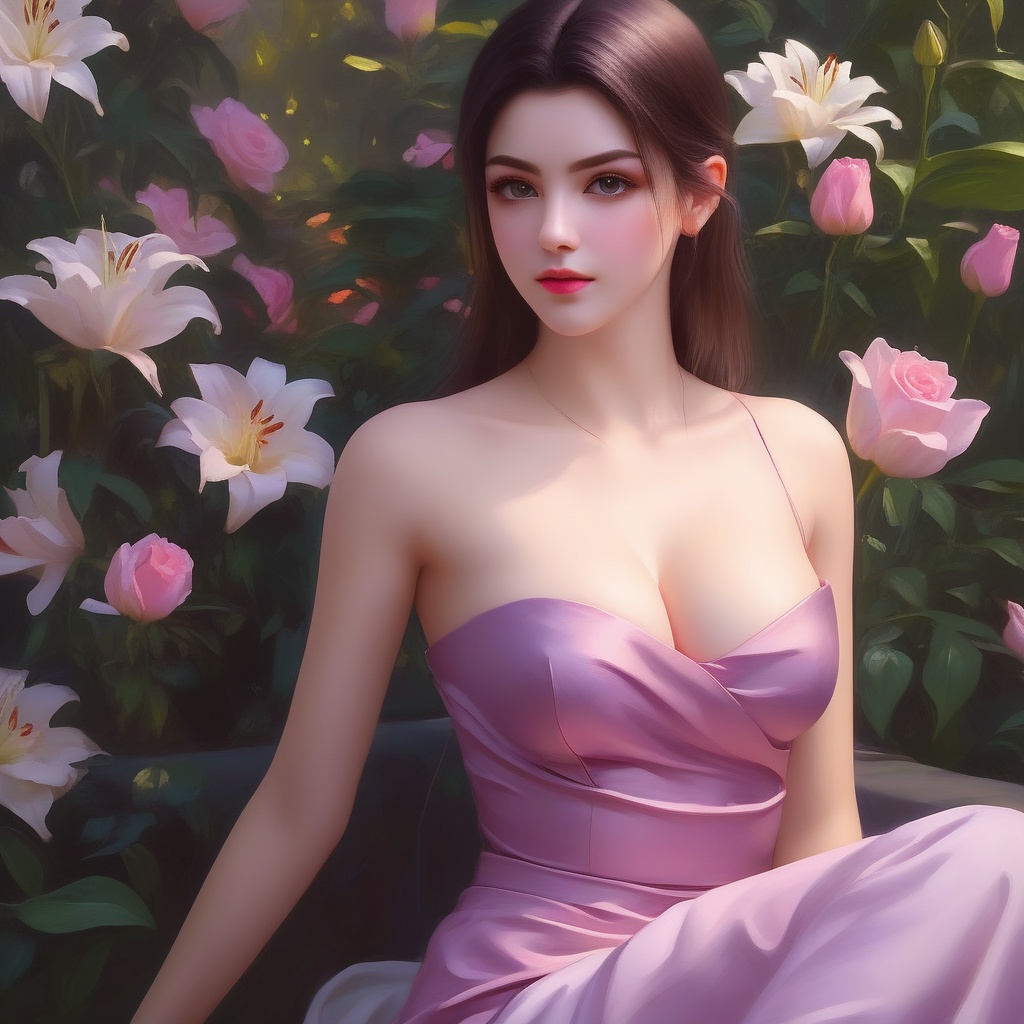<lora:850-DA-XL-斗破苍穹-美杜莎-红色睡衣:0.8>, (,1girl, ,best quality, ),,  ,ultra detailed 8k cg,ultra realistic 8k cg,1girl, solo,(bare shoulders:0.85),(masterpiece, best quality),((oil painting style)),sexy young lady,(beautiful face and eyes),(upper body:1.5),(whole body:1.05),(single person:1.2),surrounded by flowers, (lily), roses, floret, vegetation, white, purple, purplish pink,Impressionism,colorful,(Breast size:1.3),(cleavage),, butterfly,(sit),
