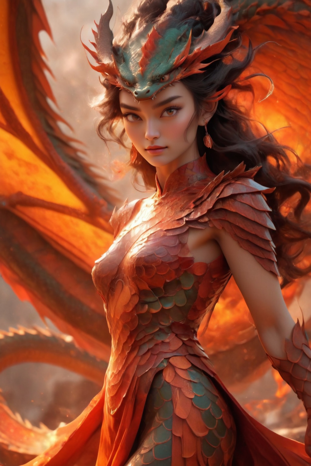 A powerful and elegant woman perfectly integrated with the essence of the dragon,  Imaginative and visually striking digit...