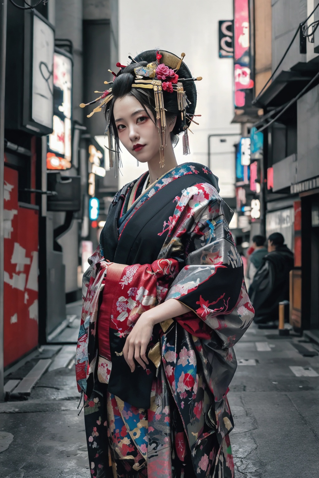(wsoiran:1.1),1girl,oiran,headpiece,ornate,kimono,hairpin hairpin,hyogo north,oversized clothes,dignified,facing viewer,absurdres,foral_background,(cyberpunk:1.4),